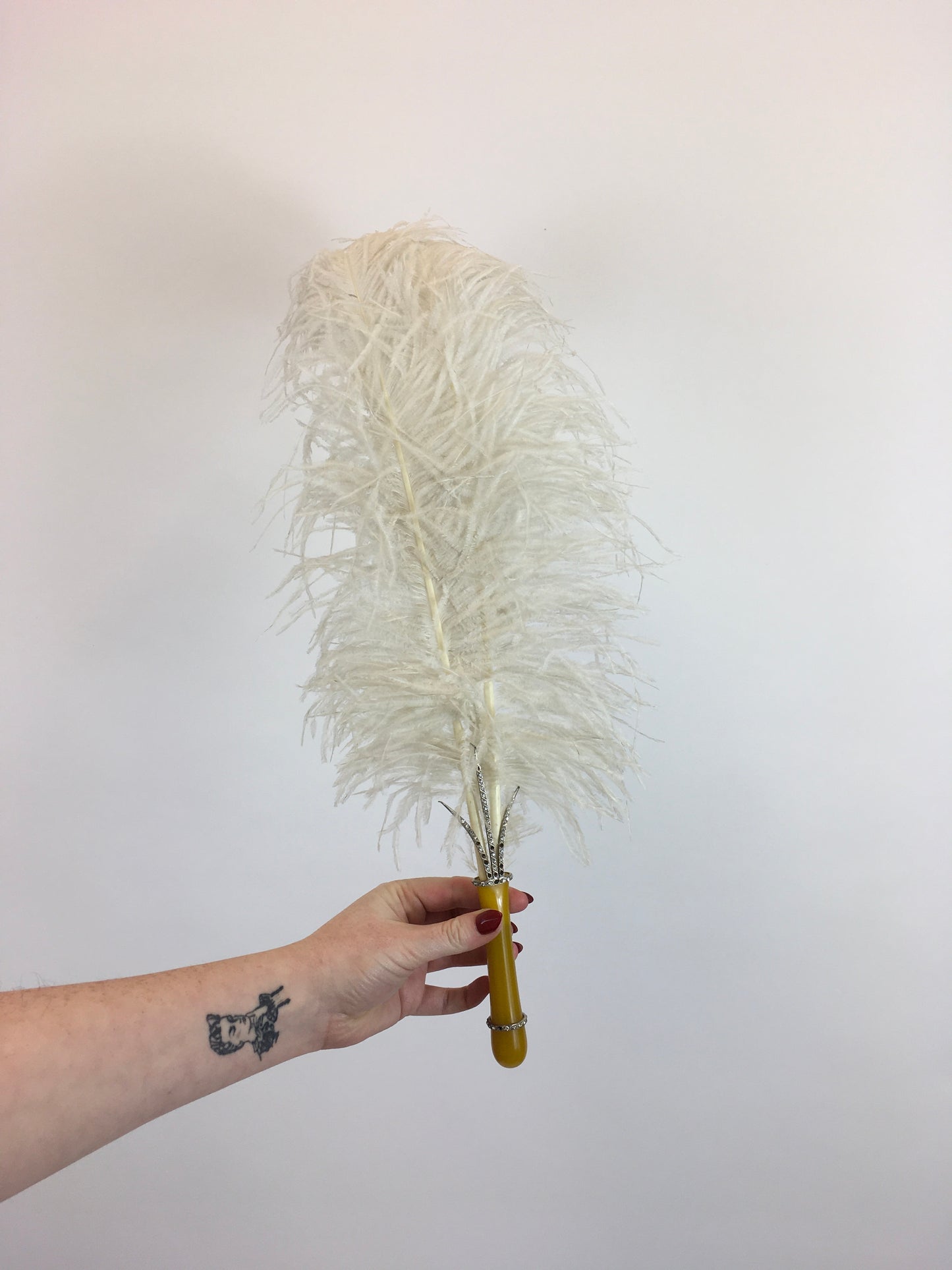 Original 1920's Fabulous Single Feather Plume with Encrusted Early Plastic Handle - Worn in 1926 To a Brides Evening Celebration