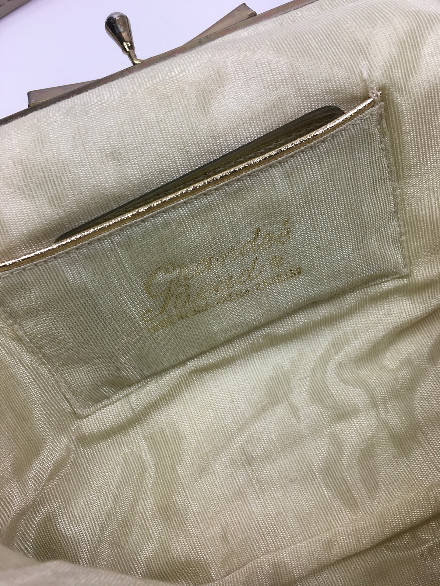 Original 1950’s Fabulous Pearly Handbag - In A Lovely Warm Cream With Internal Pocket Mirror