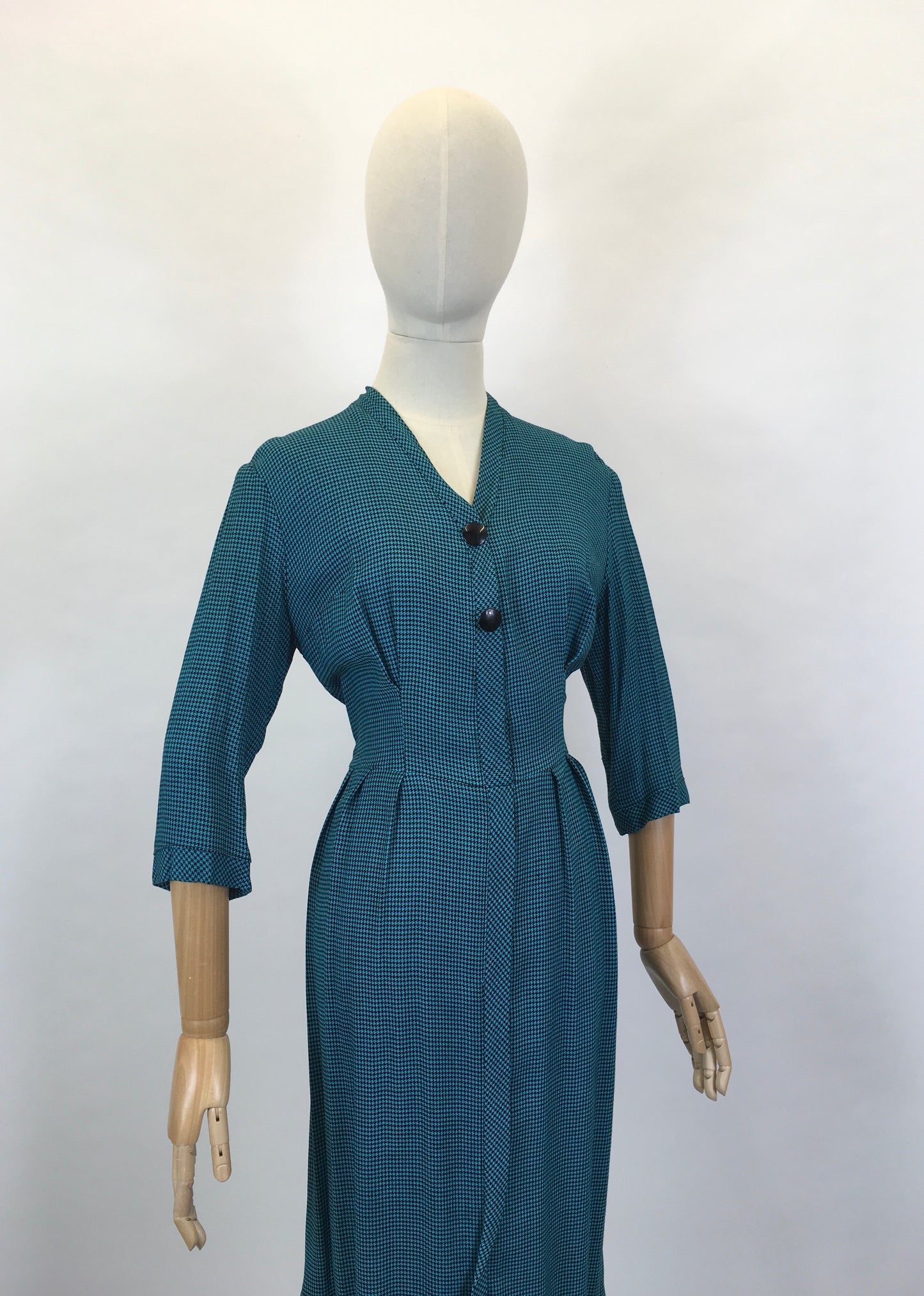 Original Early 1950’s Fabulous Day Dress - In A Lovely Deep Teal Dogtooth Cotton