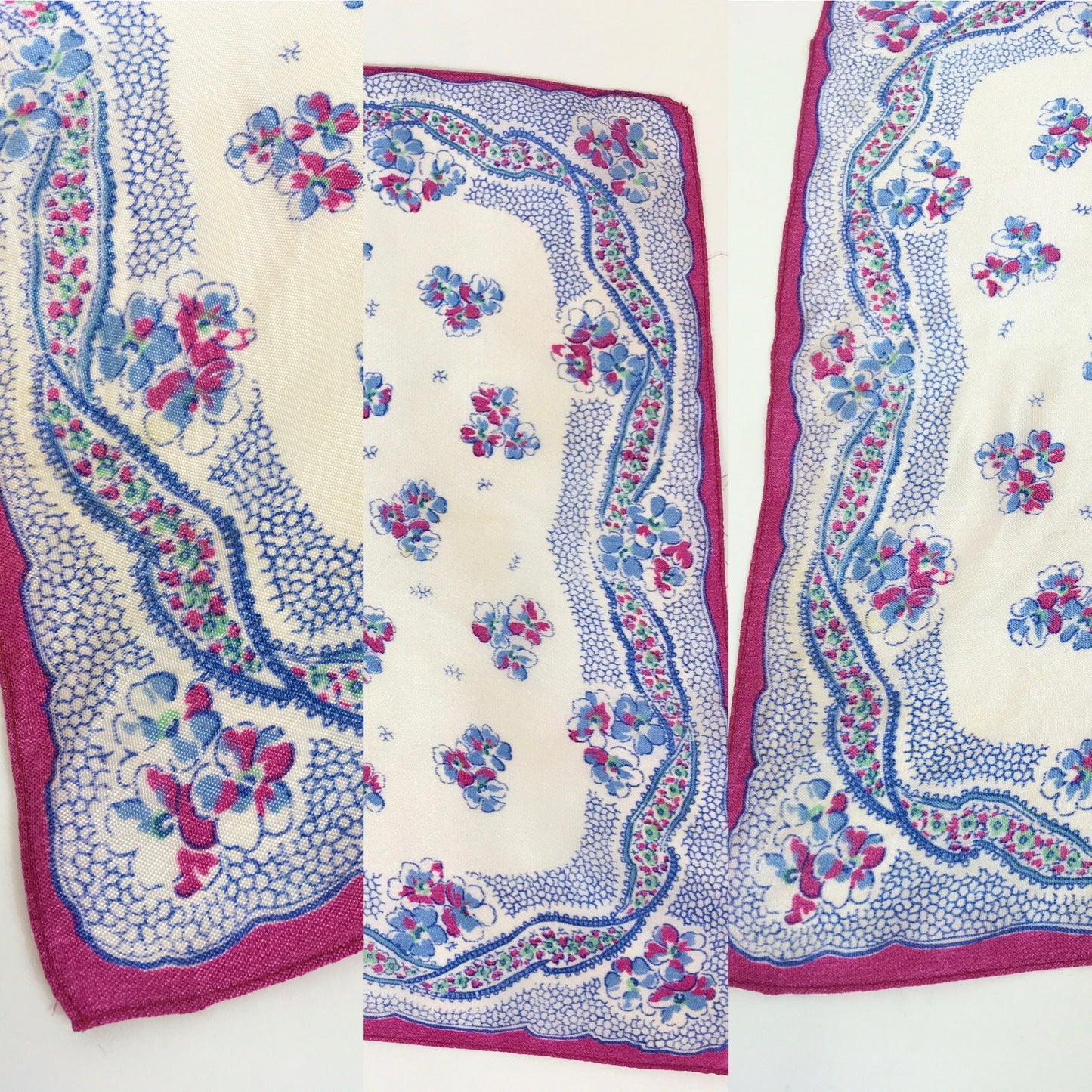 Original 1940’s Rayon Hankie - In Cerise Pink, Ivory and Blue