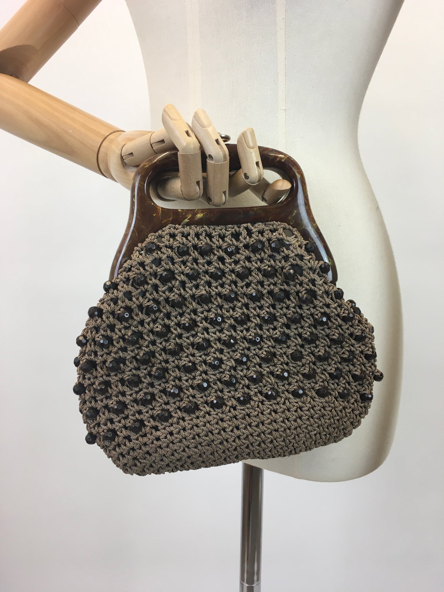 Original 1950's Fabulous Crochet Handbag - With Early Plastic Marbled Handle and Beadwork