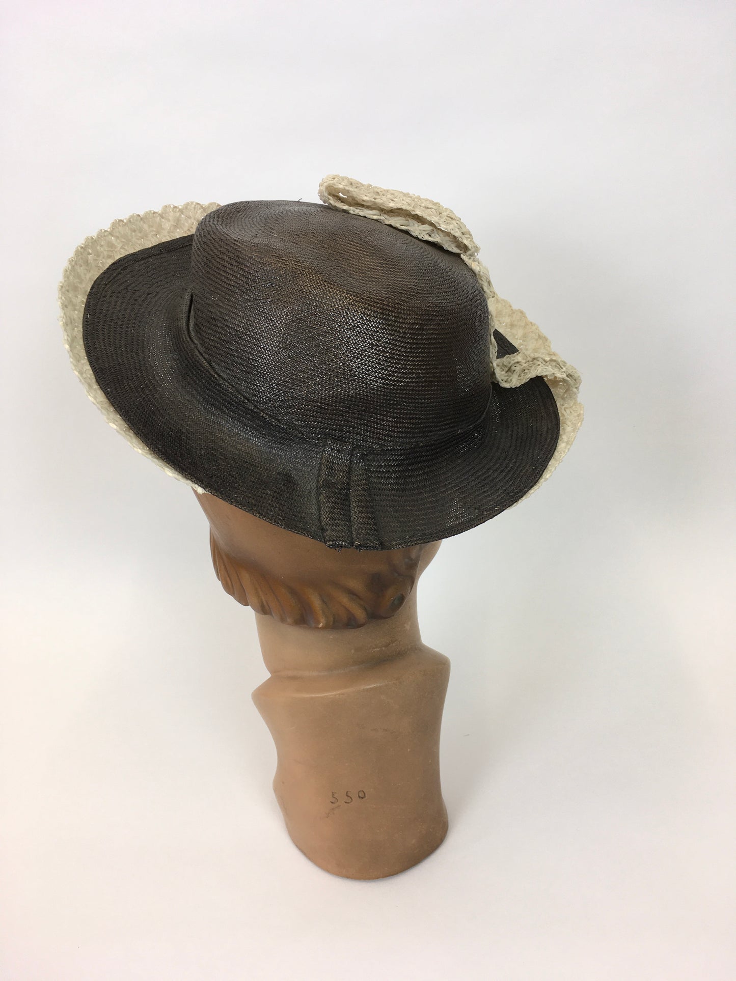Original 1940’s Brown Grosgrain Topper Hat - With a Fabulous Cream Raffia Trim and Bow Detailing