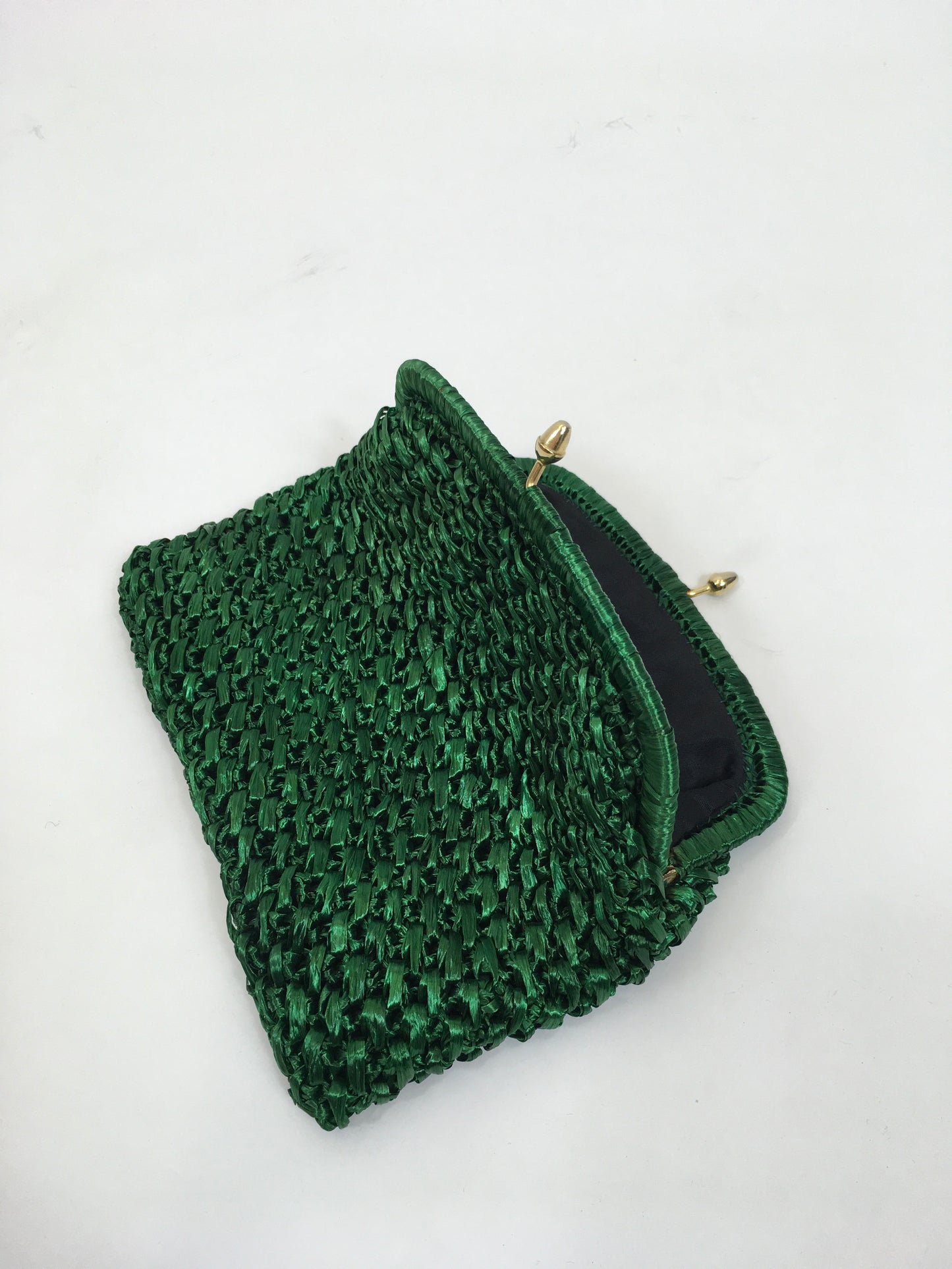 Original 1950's Fabulous Raffia Clutch Bag - In Forest Green with Gold Acorn Clasp