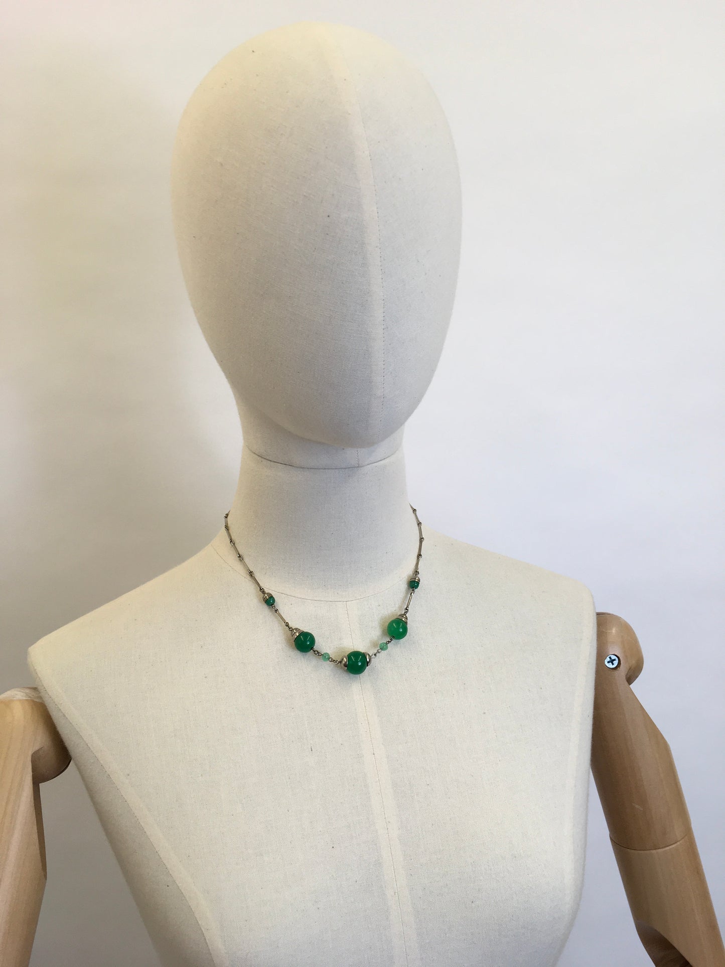 Original 1930’s Necklace - With Bottle  Green Glass Beads