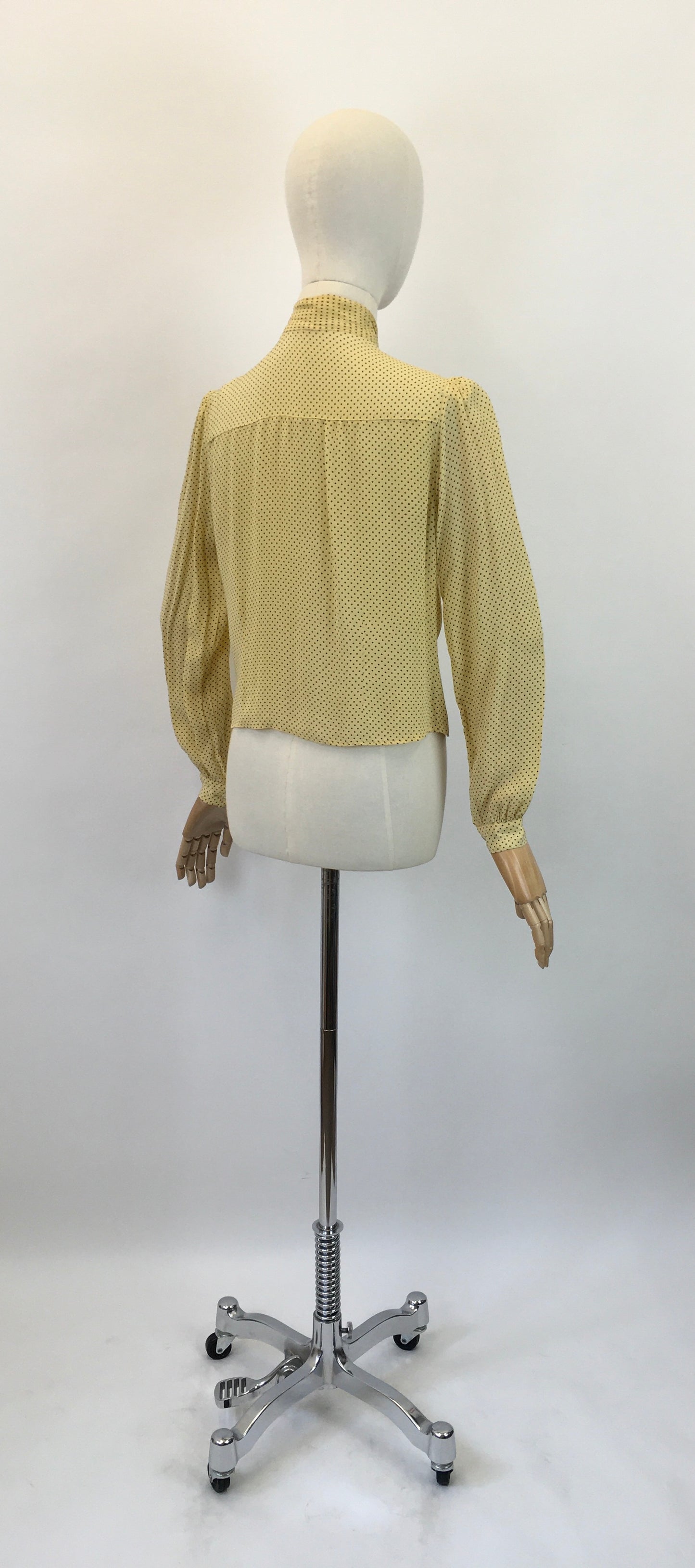 Original 1940's Darling Pussy Bow Blouse - In A Delightful Yellow Polka Dot Crepe
