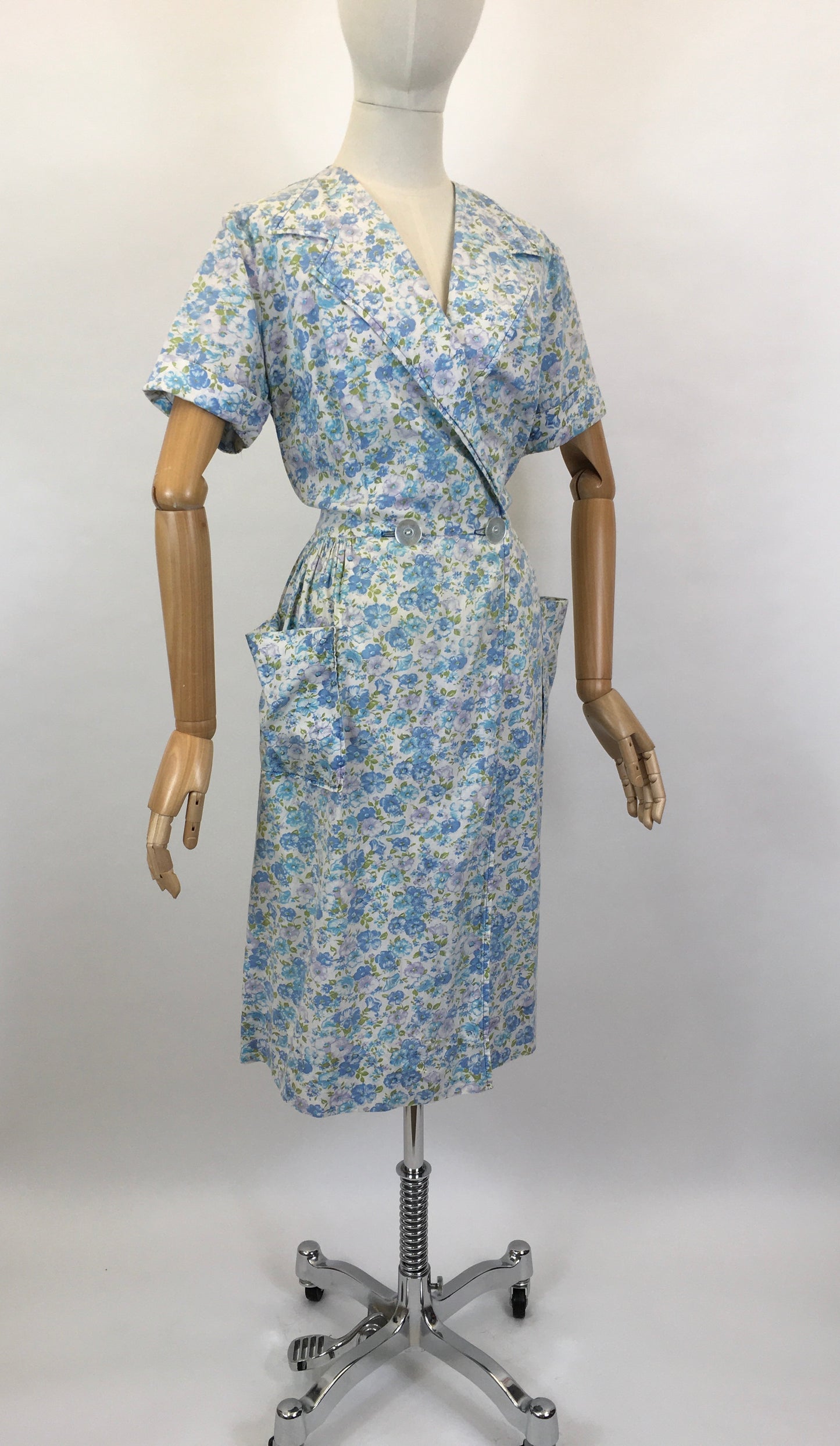 Original 1950’s Floral Cotton Wrap Dress - In A Blue, Green & White Colour Pallet
