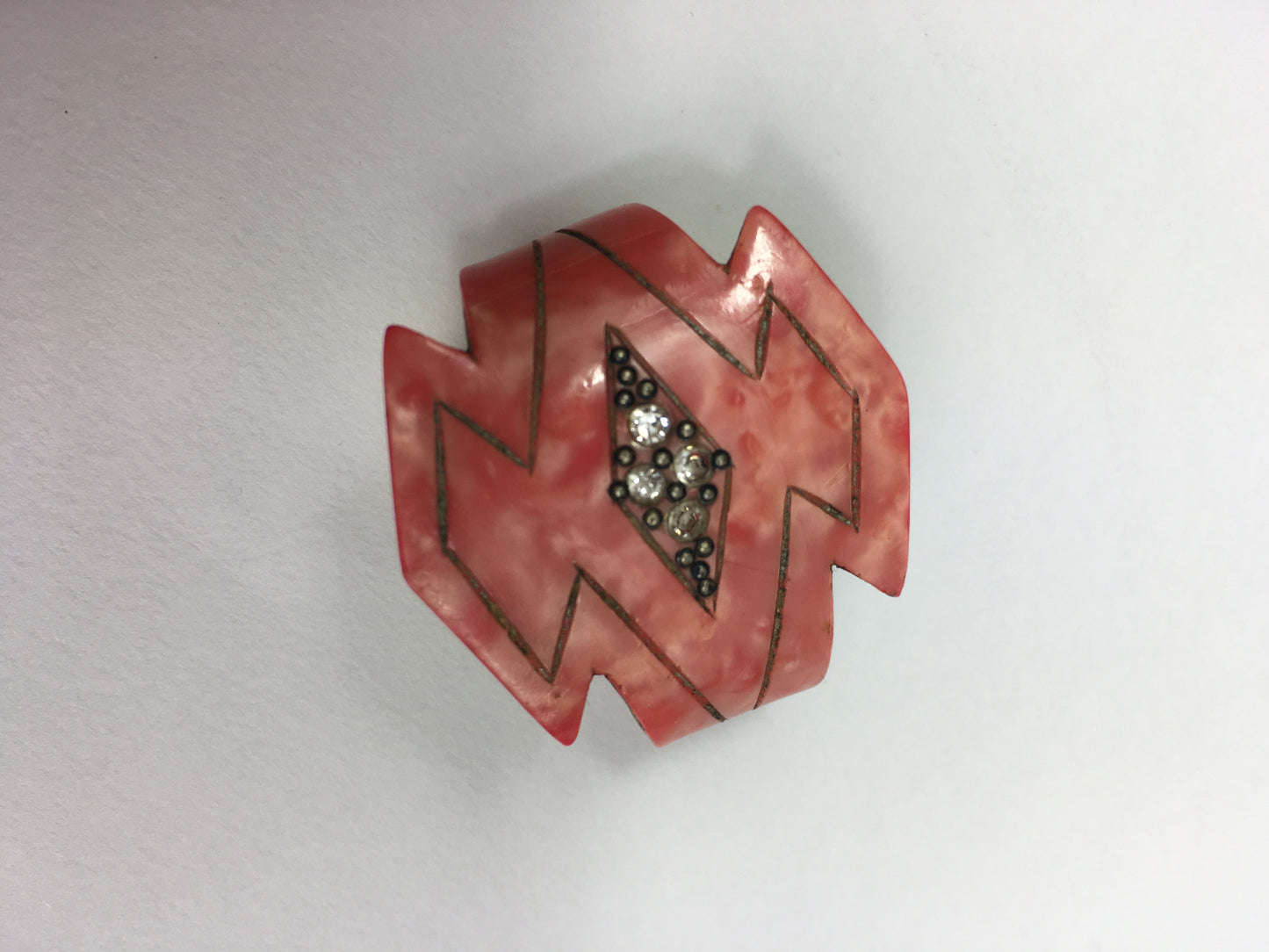 Original 1930’s Art Deco Celluloid Scarf Ring - In A Beautiful Coral Colouring With Paste Detailing