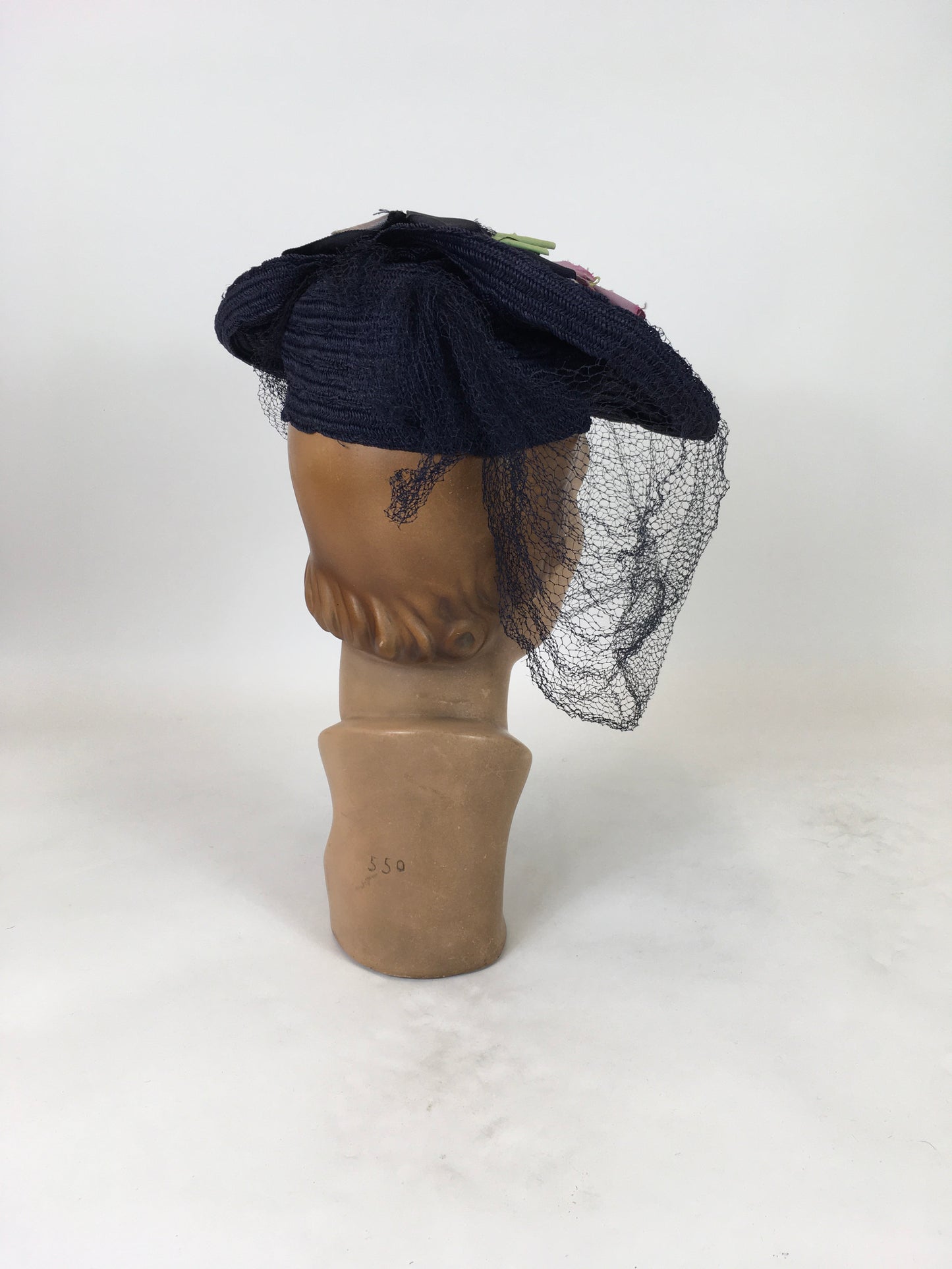 Original 1940's Sensational Navy Straw Tilt Hat - Adorned With Purple Millinery Blooms