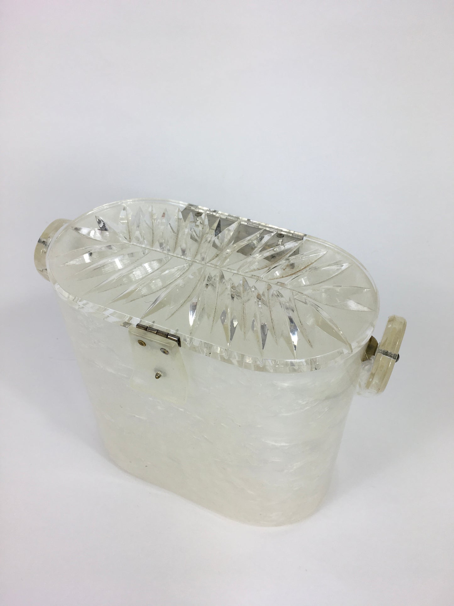 Original 1950s Lucite Handbag - White Marbled Base and Clear Leaf Design Lucite Lid and Handle