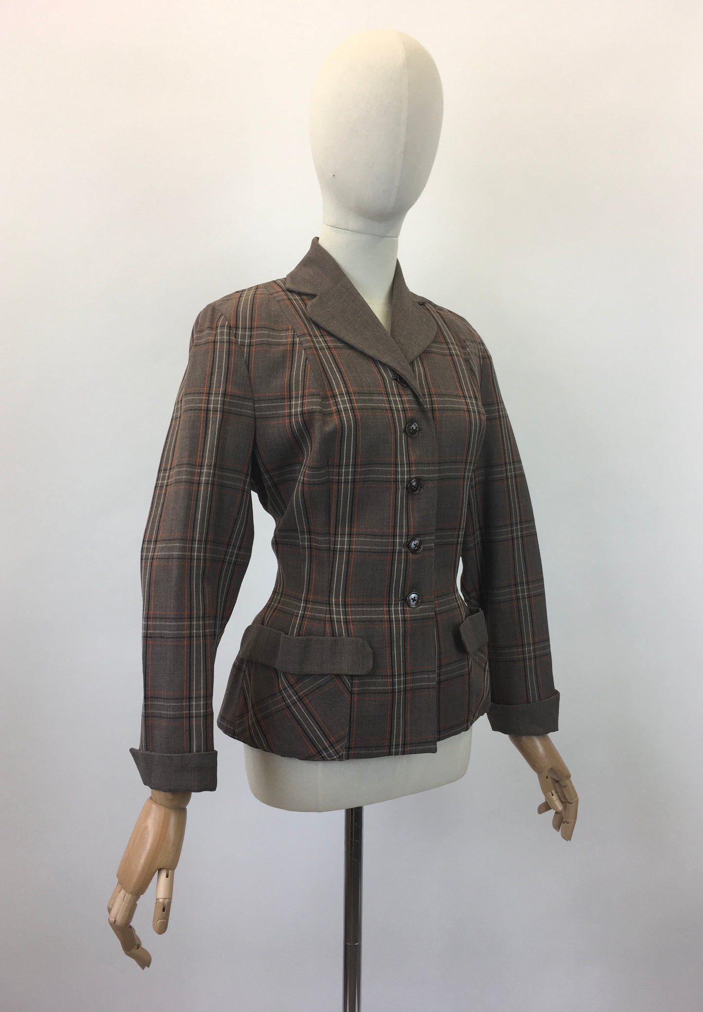 Original 1940's Gorgeous Plaid Jacket - In Brown, Zesty Orange and Cream
