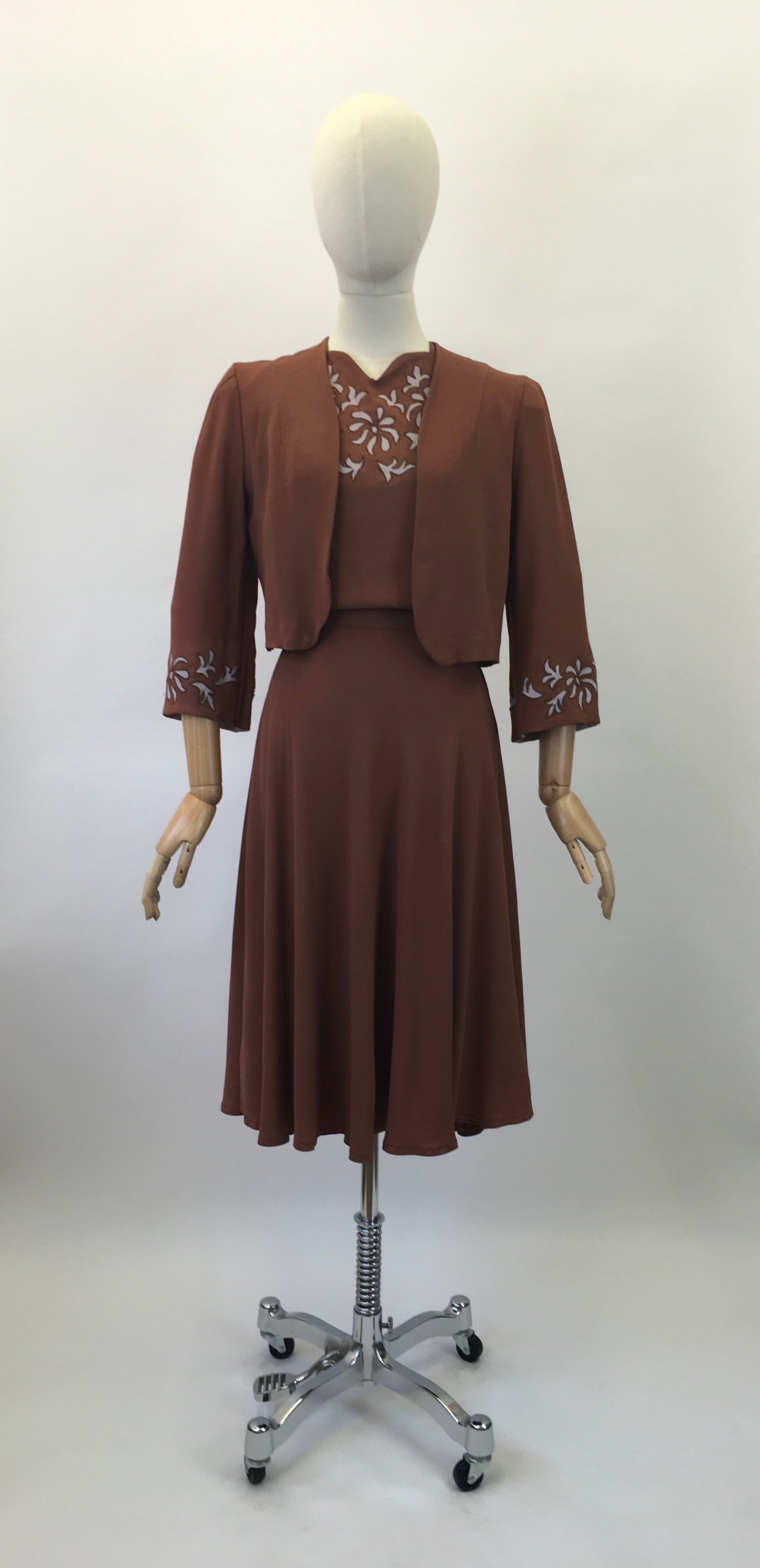 Original 1940's Darling 2Pc Dress & Bolero Set - In A Soft Brown With Grey Accents