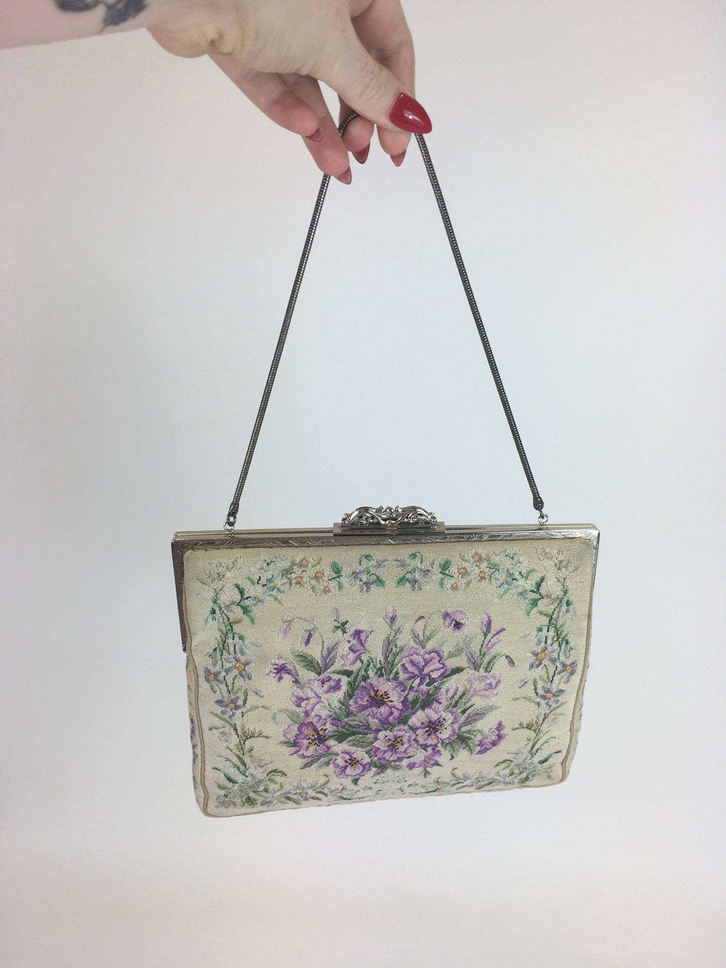 Original 1950’s Floral Tapestry Handbag - By ‘ Harrods’ in Violets, Lilacs and Greens