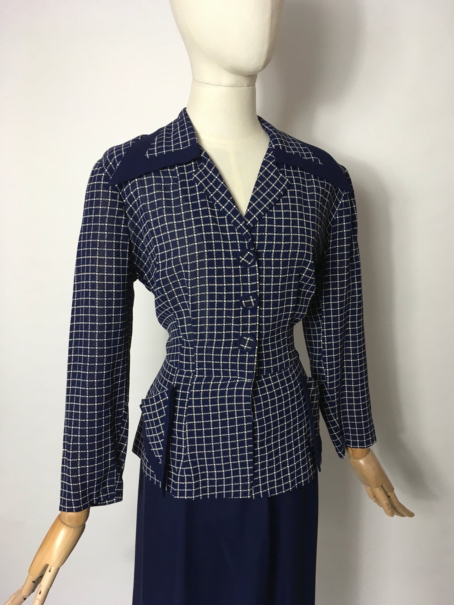 Original 1940’s Illusion Dress with Sharp Collar - Contrast Check & Navy Rayon