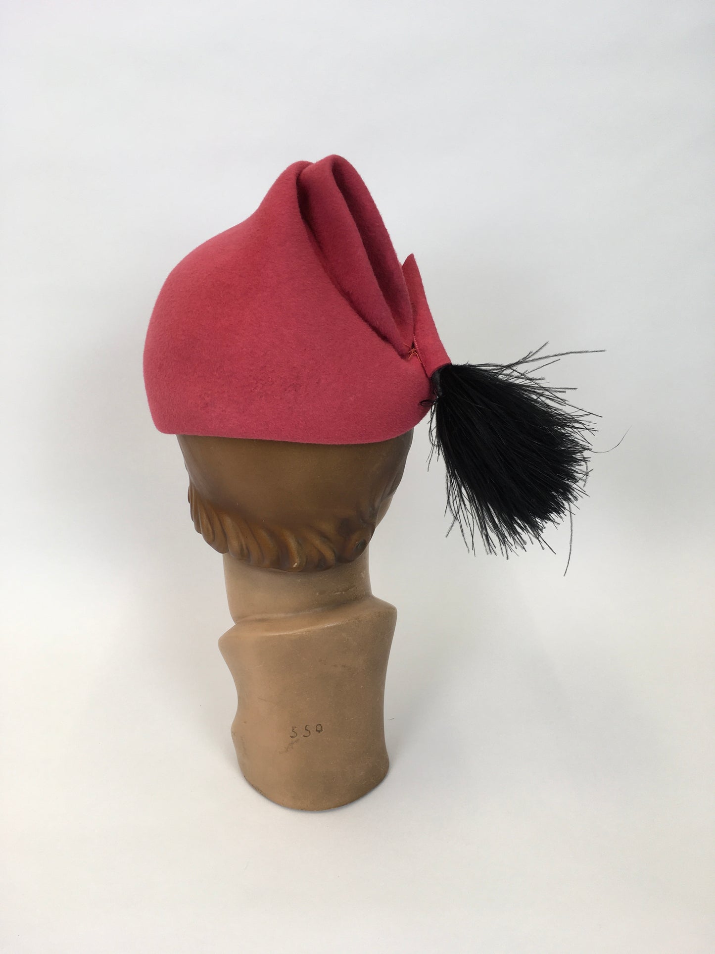 Original 1930’s AMAZING Raspberry Pink Pixie Hat - With a Fabulous Ostrich Feather Plume In Black