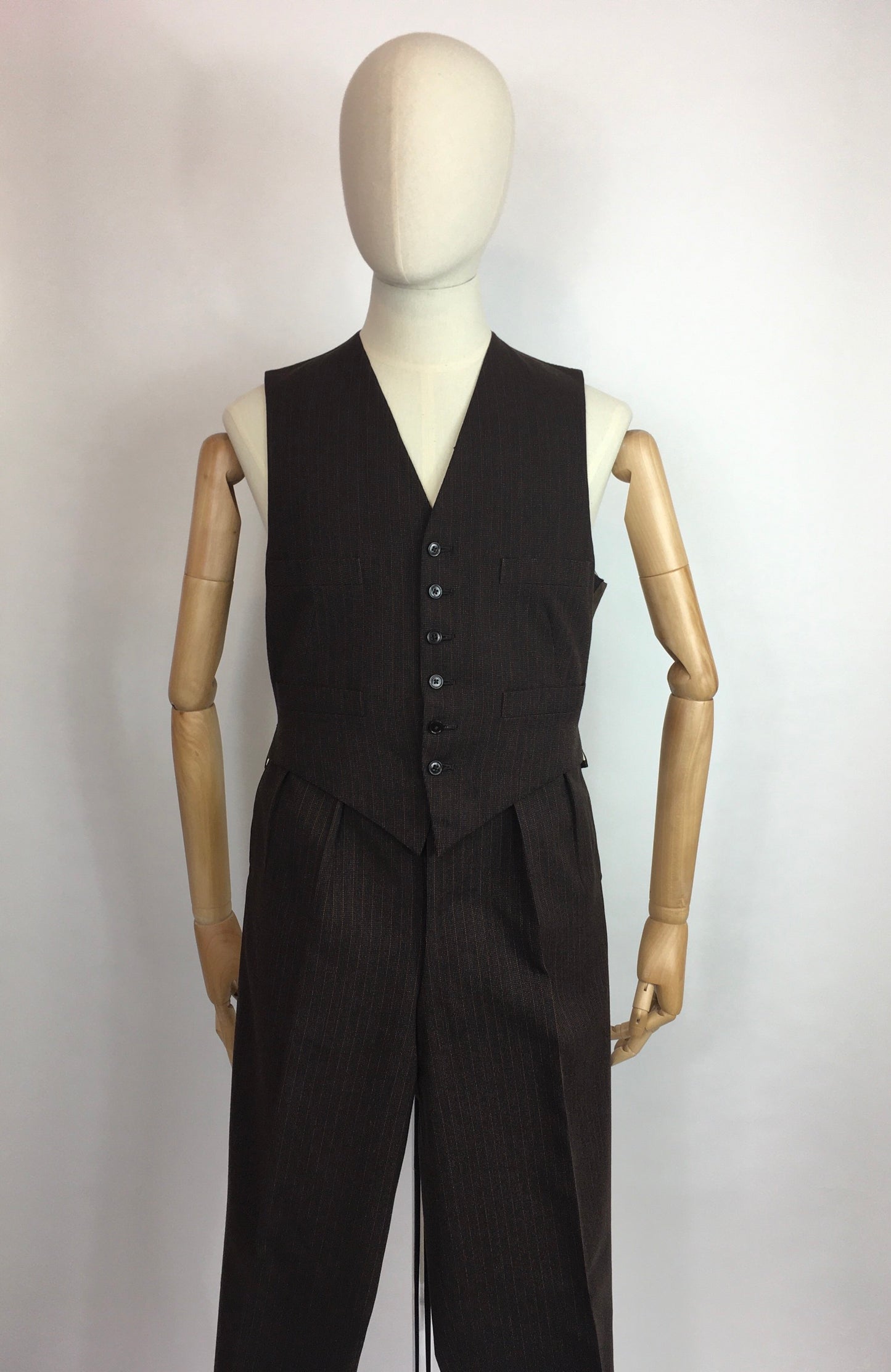 Original 1940’s Gents 2pc Waistcoat and Trousers Set - Made from A Lovely Brown Cloth with Orange Pinstripe