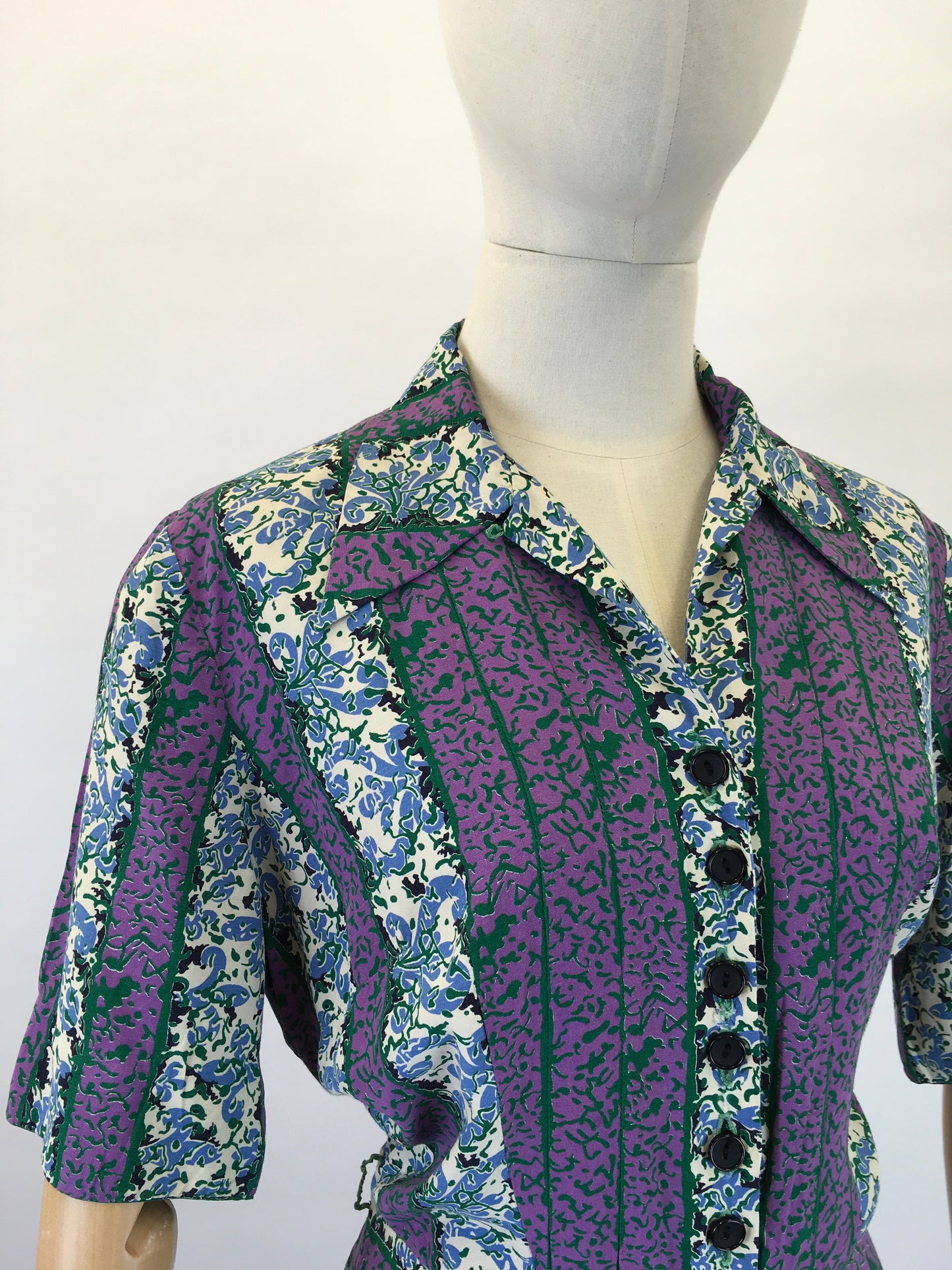 Original 1940s Rayon Dress - In Lovely Rich Purples, Greens and Whites with Florals and Stripes