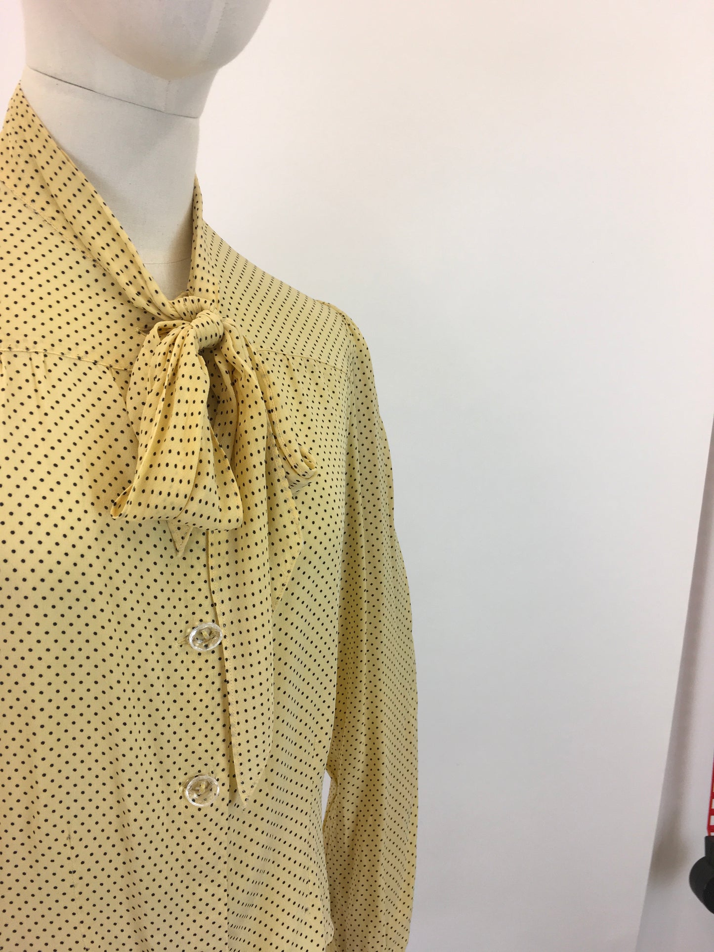 Original 1940's Darling Pussy Bow Blouse - In A Delightful Yellow Polka Dot Crepe