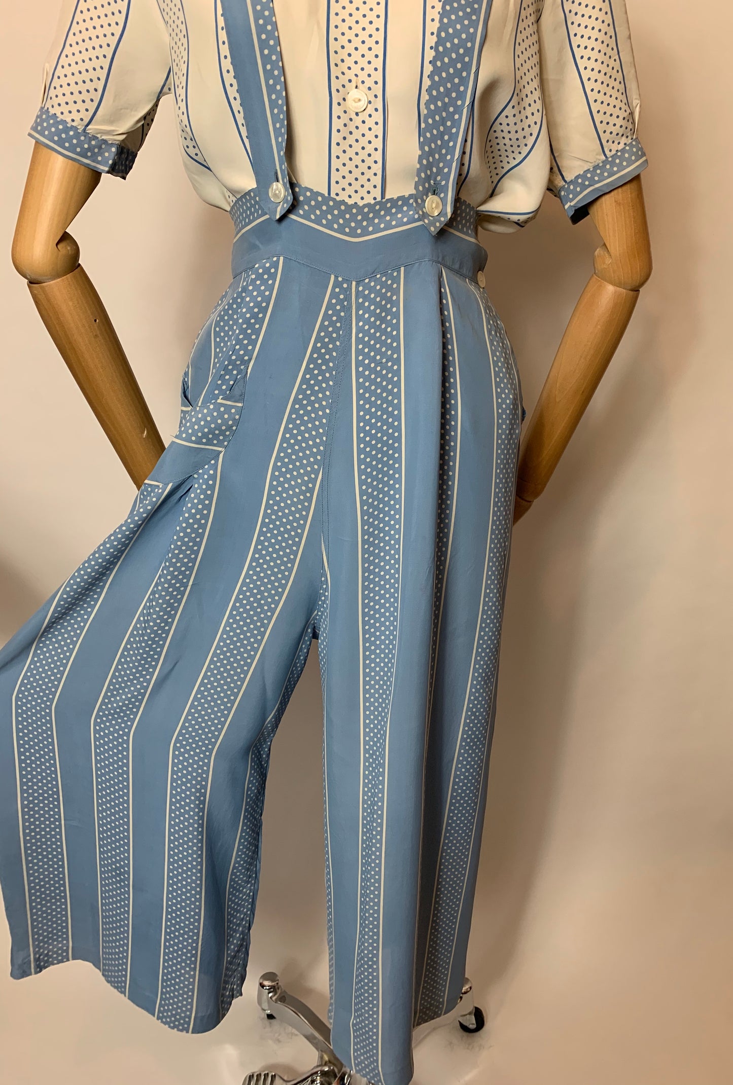 Original 1940’s 2 pc Blouse & Dungaree Set - In the Most Summery Of Colour Pallets with Polka Dots
