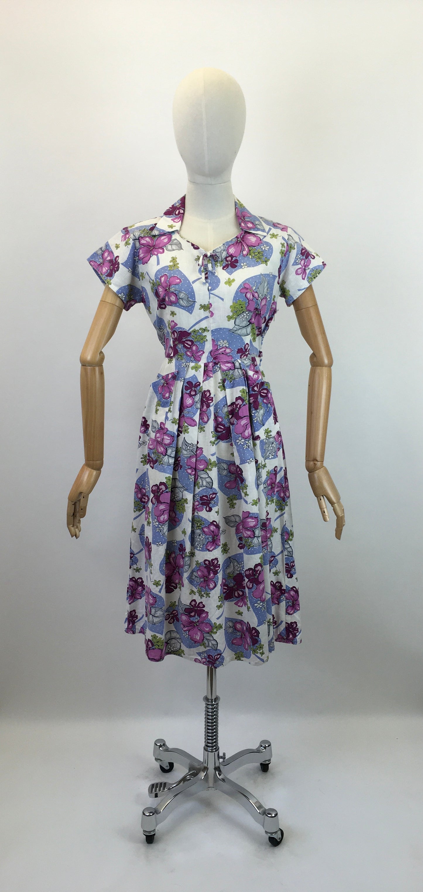 Original 1940's Lovely Cotton Day Dress - In Purple, Pink, Magenta and Green