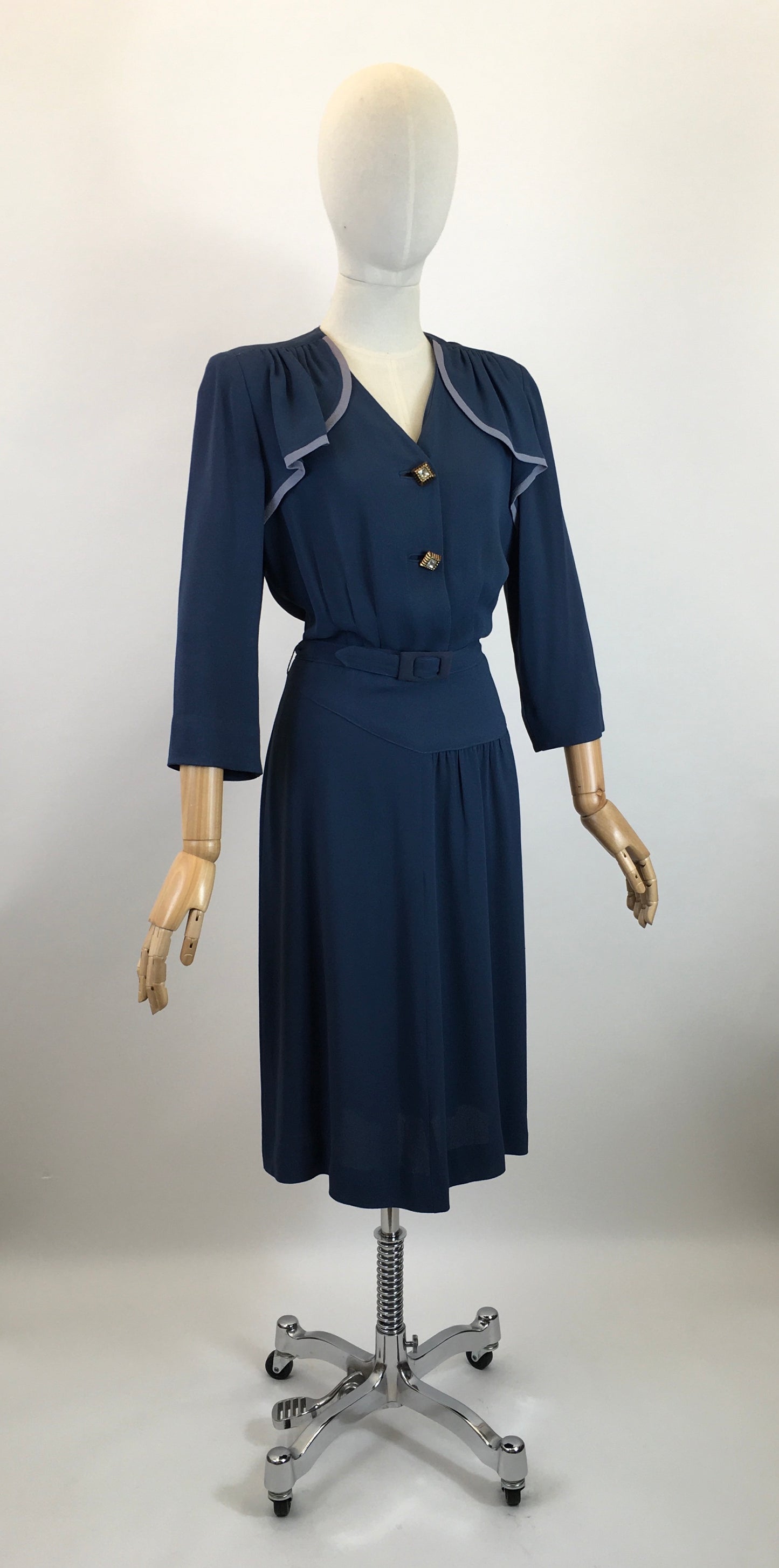 Original 1940's Sublime Two Tone Crepe Dress With Illusion Cape - In Contrast Airforce & Powder Blue