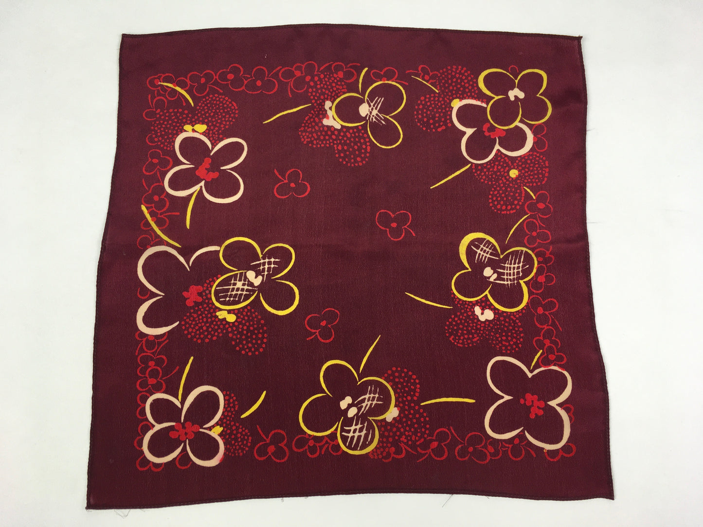Original 1940’s / 1950’s Rayon Hankie - In a Burgundy, Yellow and Ivory Floral