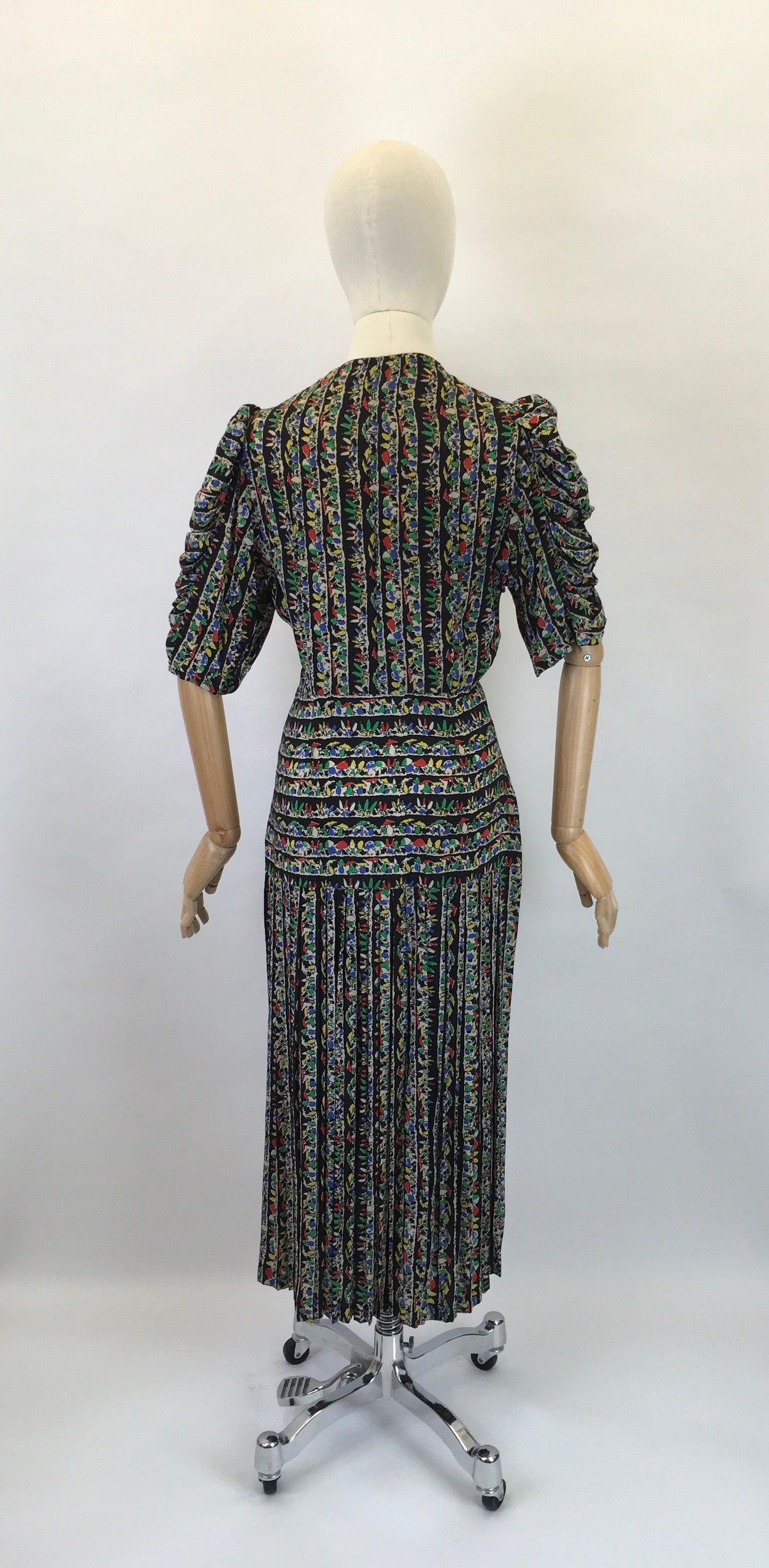 Original 1930s STUNNING Novelty Print Dress - Featuring Toadstools I’m Primary Reds, Yellows, Blues and Greens
