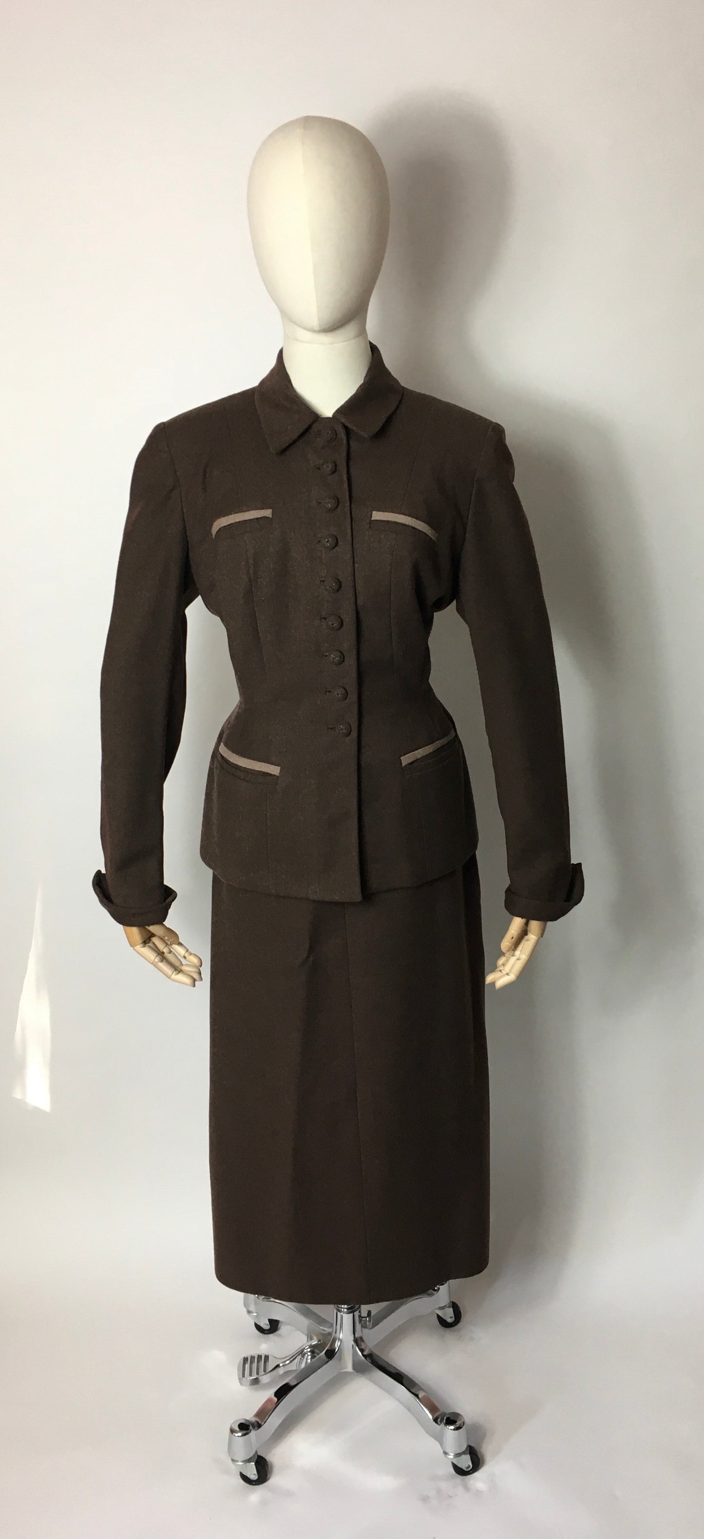 Original 1940’s 2pc Suit in A Lovely Brown Wool, Stunning Detailing and Seamwork