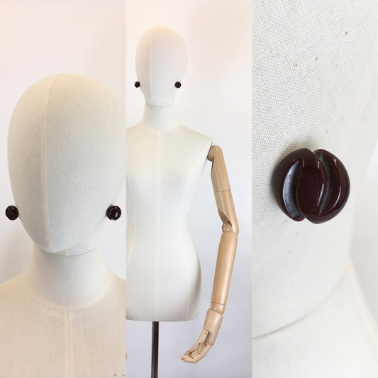 Original 1940’s Stunning Carved Bakelite Screw back Earrings - In A Lovely Autumnal Brown