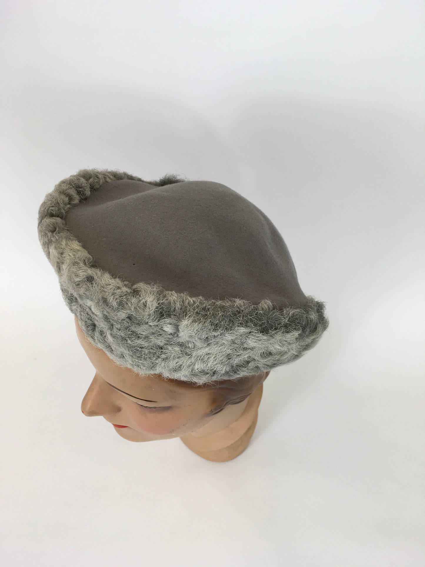 Original 1940s Beautiful Tilt Hat - In A Soft Icy Grey With Grey Astrakhan Trim