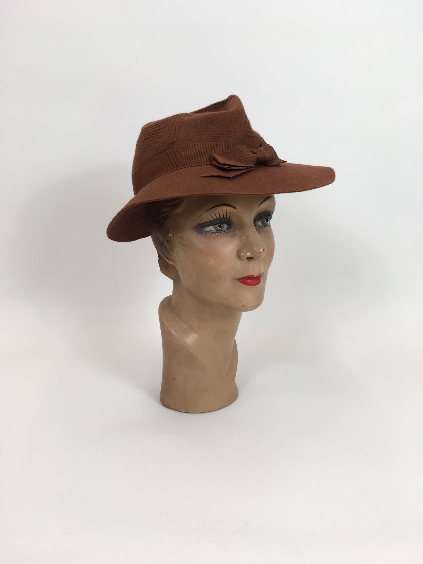 Original 1940's Sensational Fedora Hat - In A Warm Cinnamon With Stitchwork Detailing