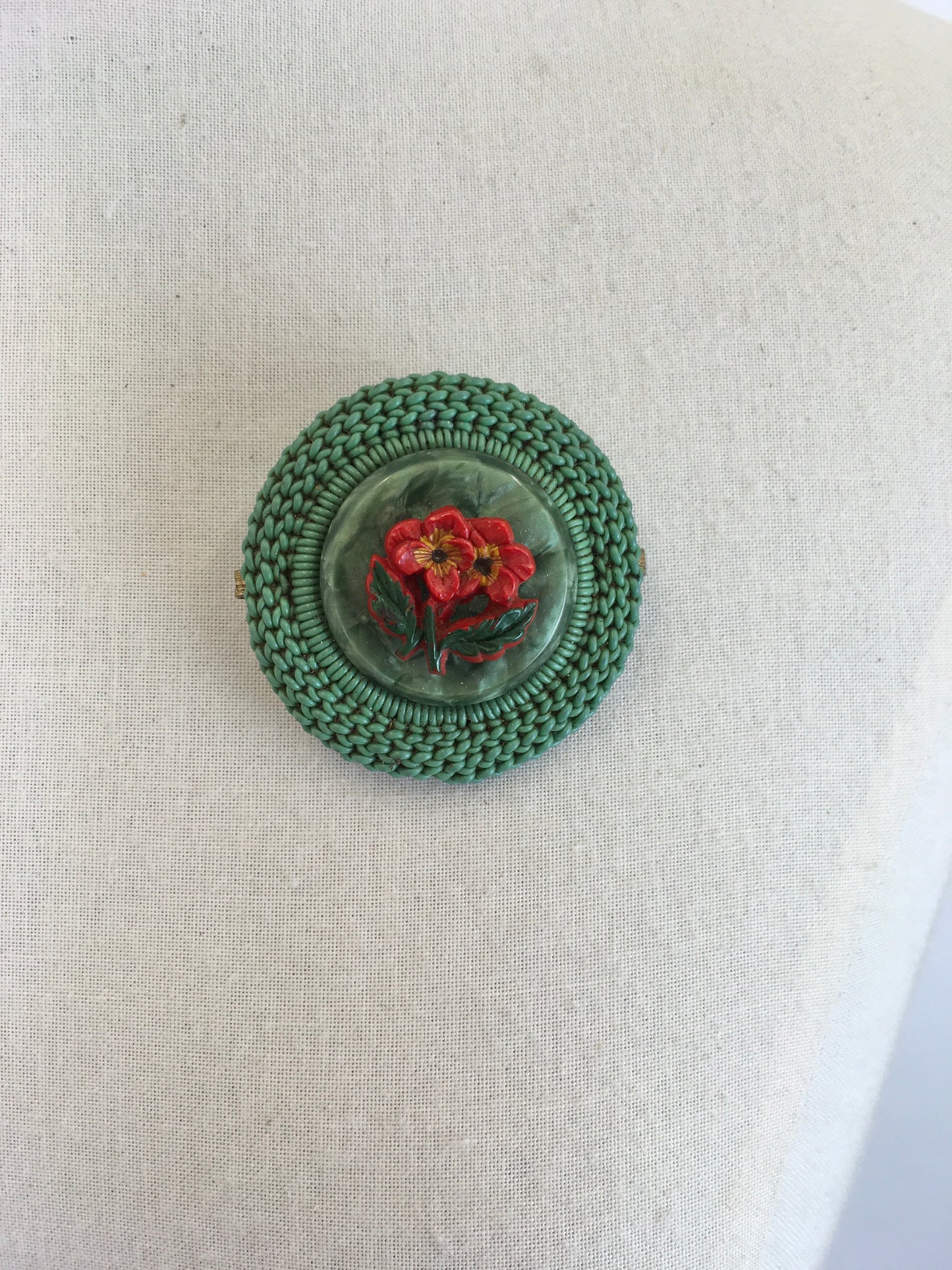 Original 1940’s Make Do and Mend Telephone Wire Brooch - In A Festive Red and Green Colour Pallet