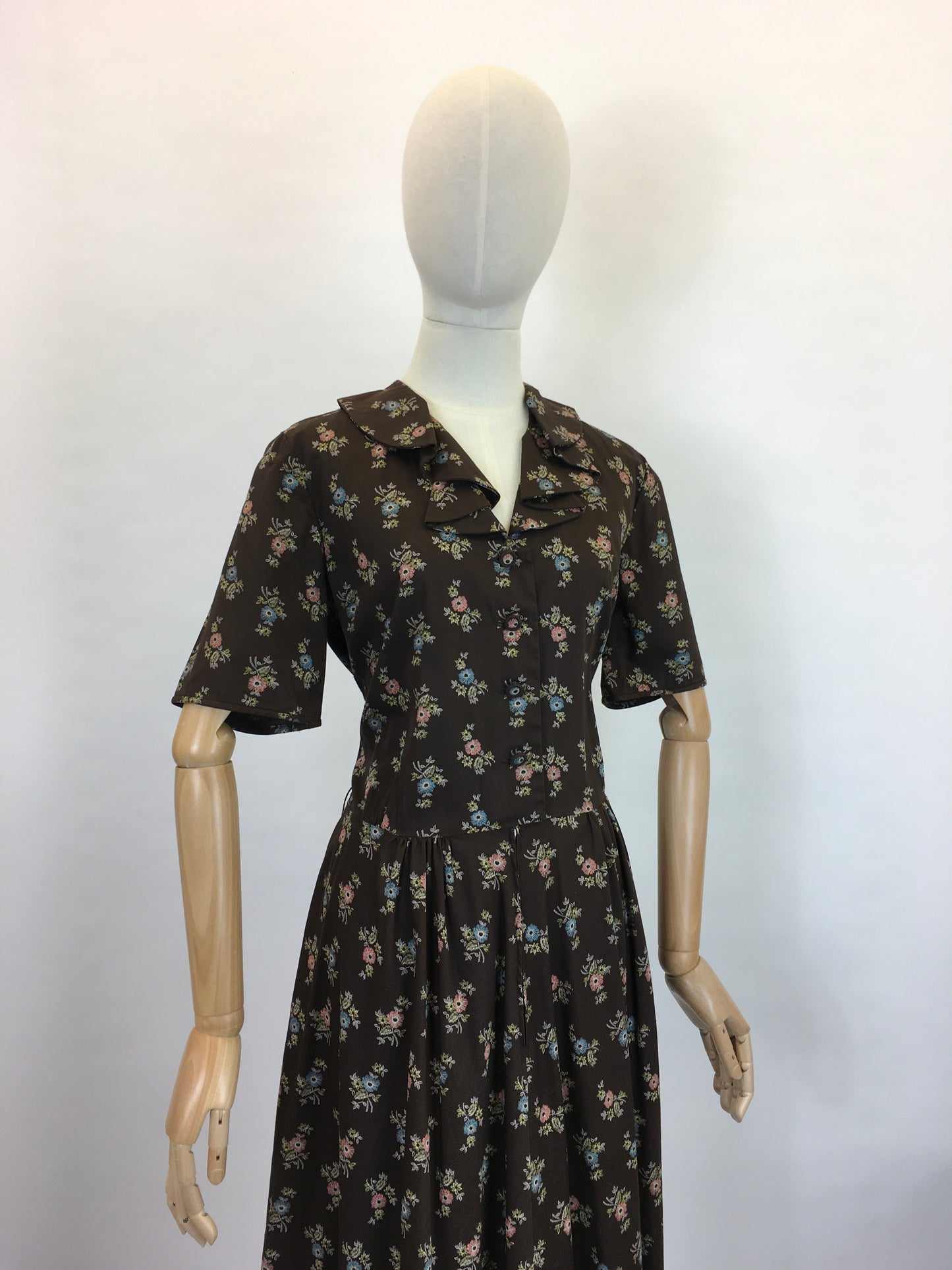 Original 1950’s Cute Floral Handmade Dress - Lovely Warm Brown, Terracotta, Blue and Greens