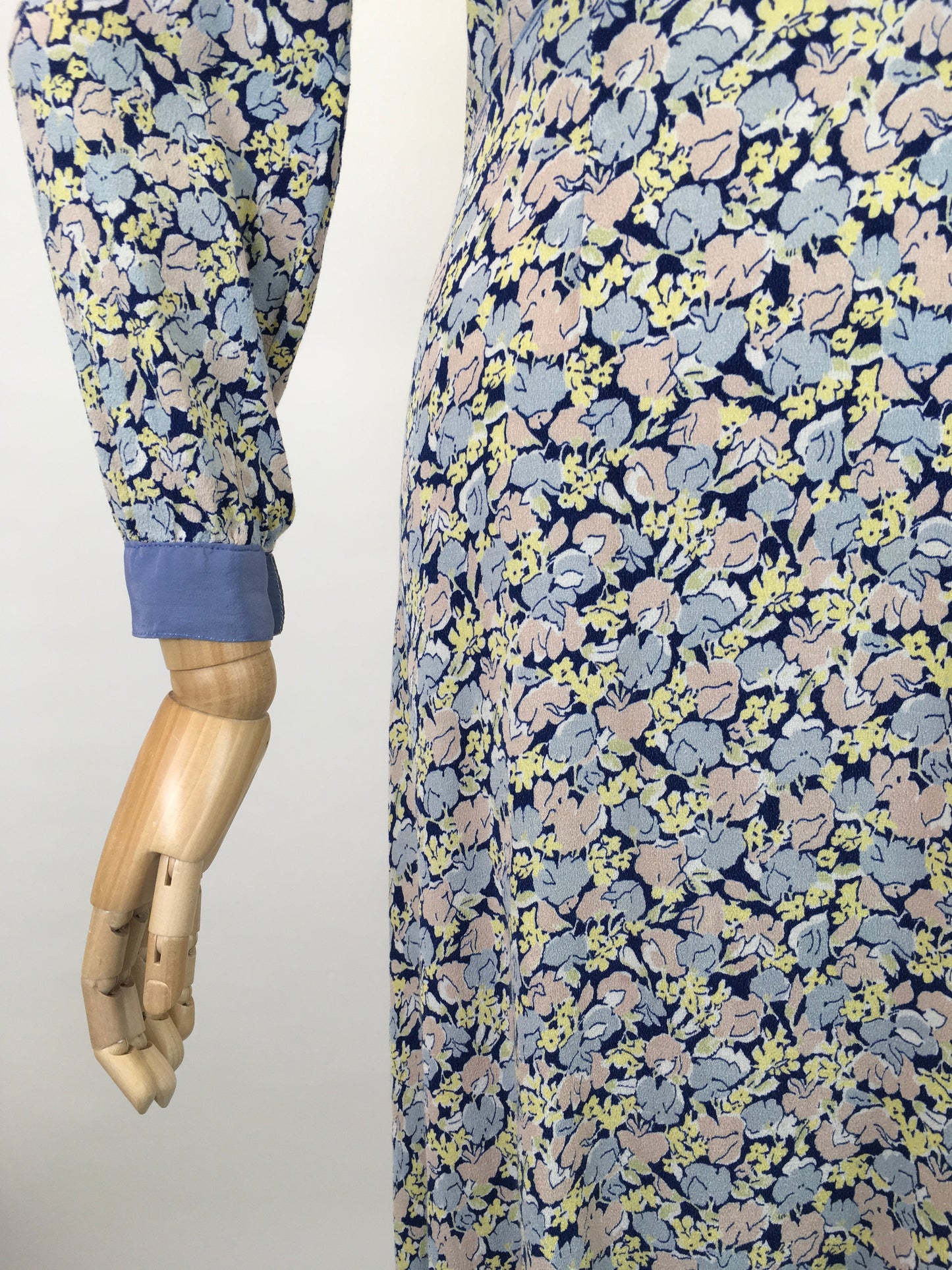 Original 1930’s Crepe Floral Day Dress - In A Pallet of Soft Pastels : Powdered Blue, Delicate Rose and Buttery Yellow