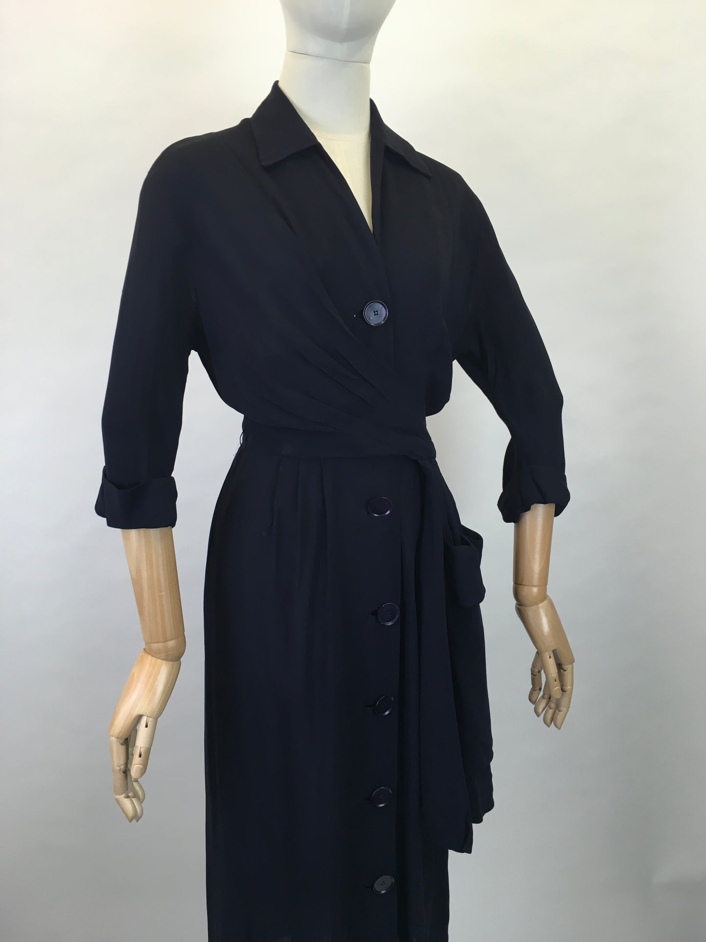 Original 1940s Stunning ‘ Herbert Stonheim ‘ Couture Dress - In a Navy Sheer Rayon with Wrap Hip Swag and Pocket