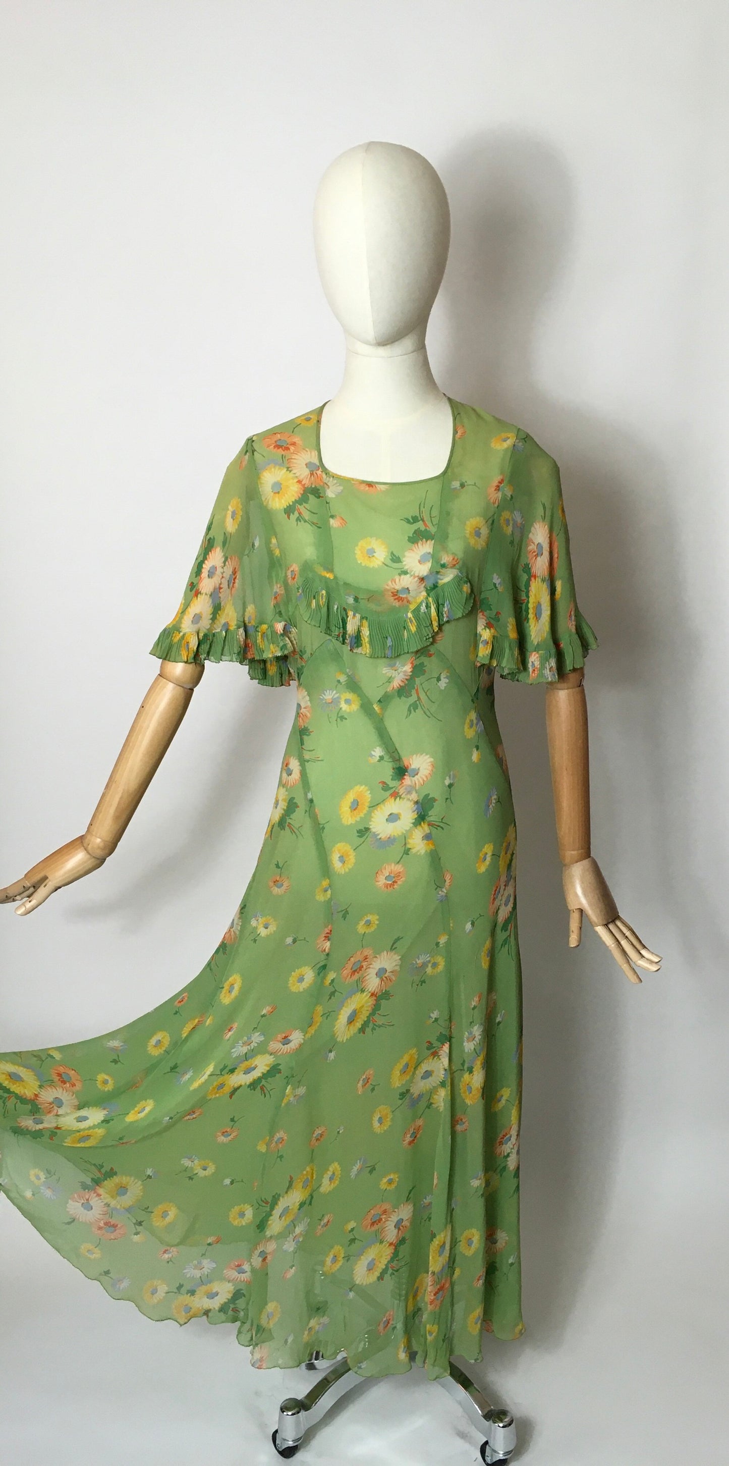 Original 1930’s Bias Cut Gown In An Exquisite Colour Pallet of Deco Green, soft blues, oranges and yellows - A Festival Of Vintage Fashion Show Exclusive