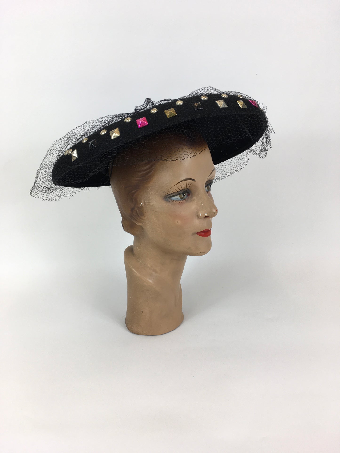 Original 1940’s SHOWSTOPPING Black Platter Hat - With Coloured Stud Work Detailing & Veiling