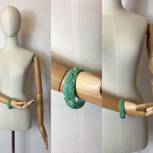 Original 1930’s Floral Carved Celluloid Bangle in Mint Green - Festival of Vintage Fashion Show Exclusive