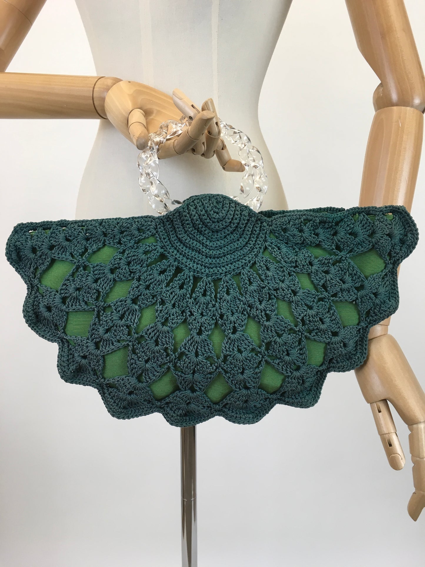Original 1940's Sensational Crochet and Lucite Fan Handbag - In A Bottle Green