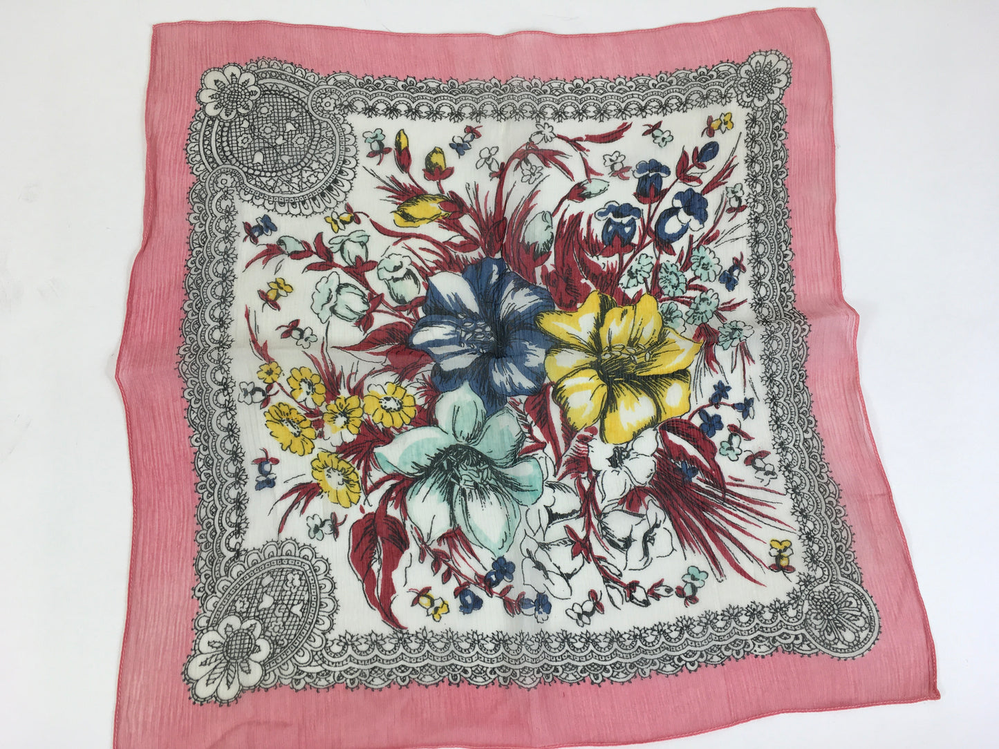 Vintage 1940’s Darling Floral Chiffon Large Hankie / Scarf - In A Springtime Meadow Colour Palette