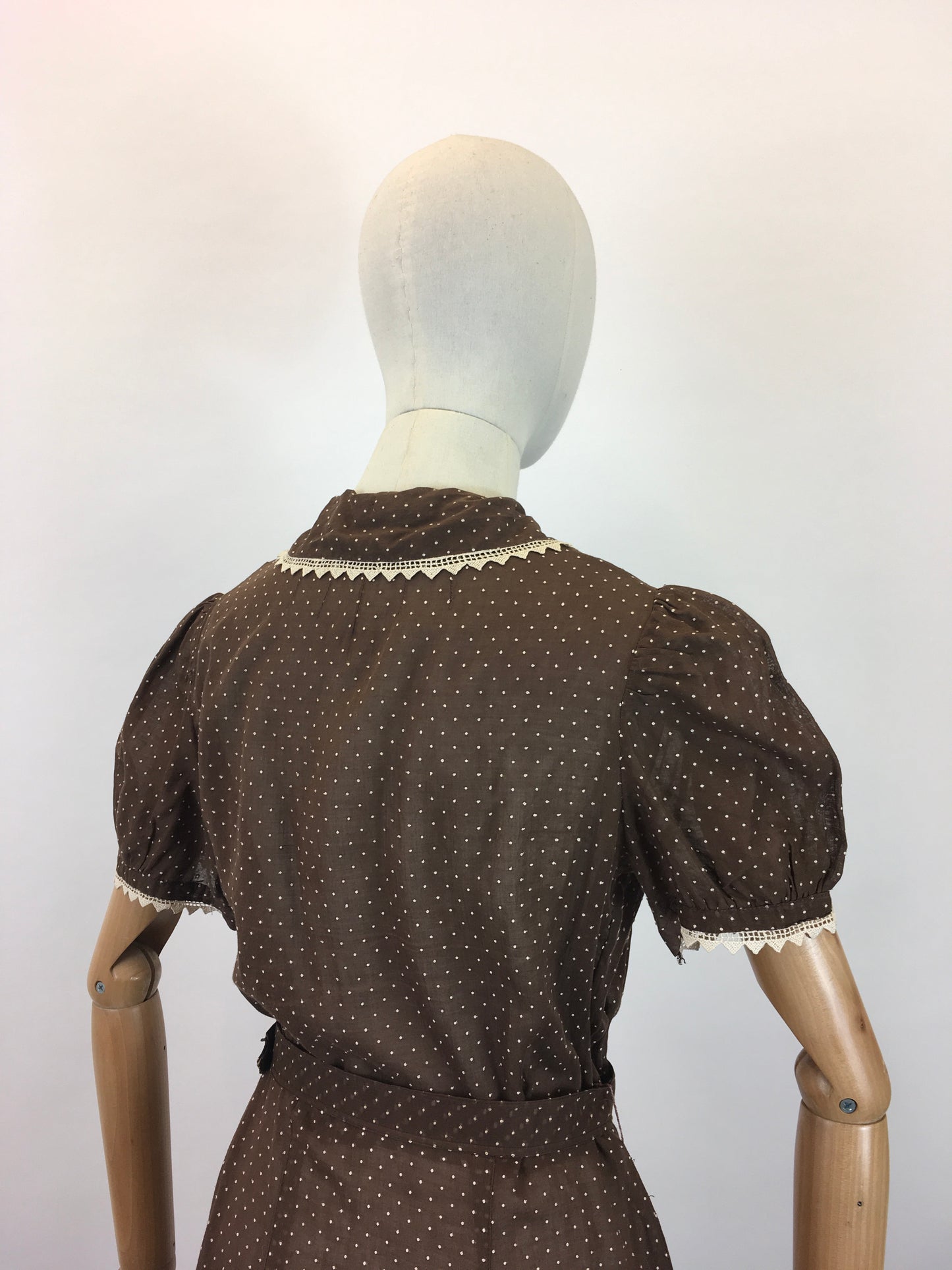 Original 1930's Darling Cotton Lawn Dress - In A Brown & White Polka Dot