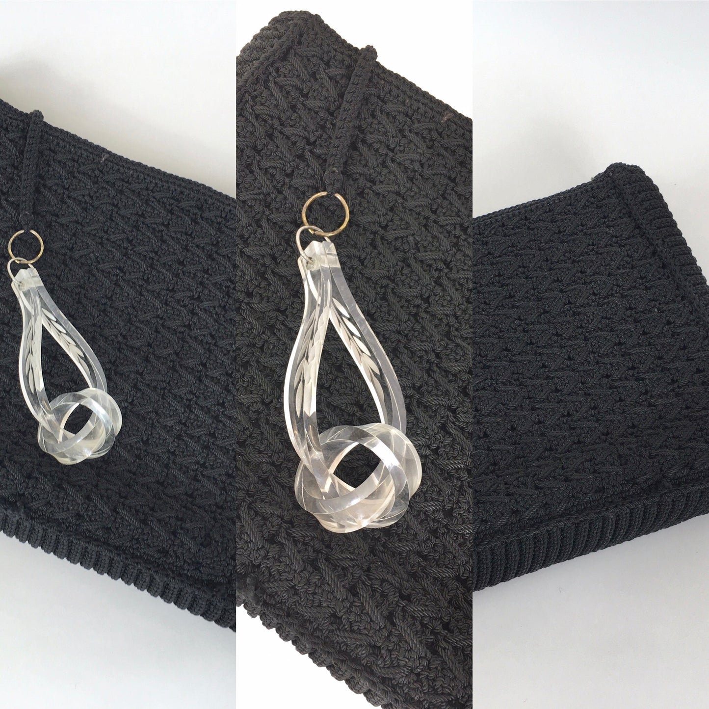 Original 1940’s Beautiful Crochet Clutch Bag in Black - With Large Lucite Pull