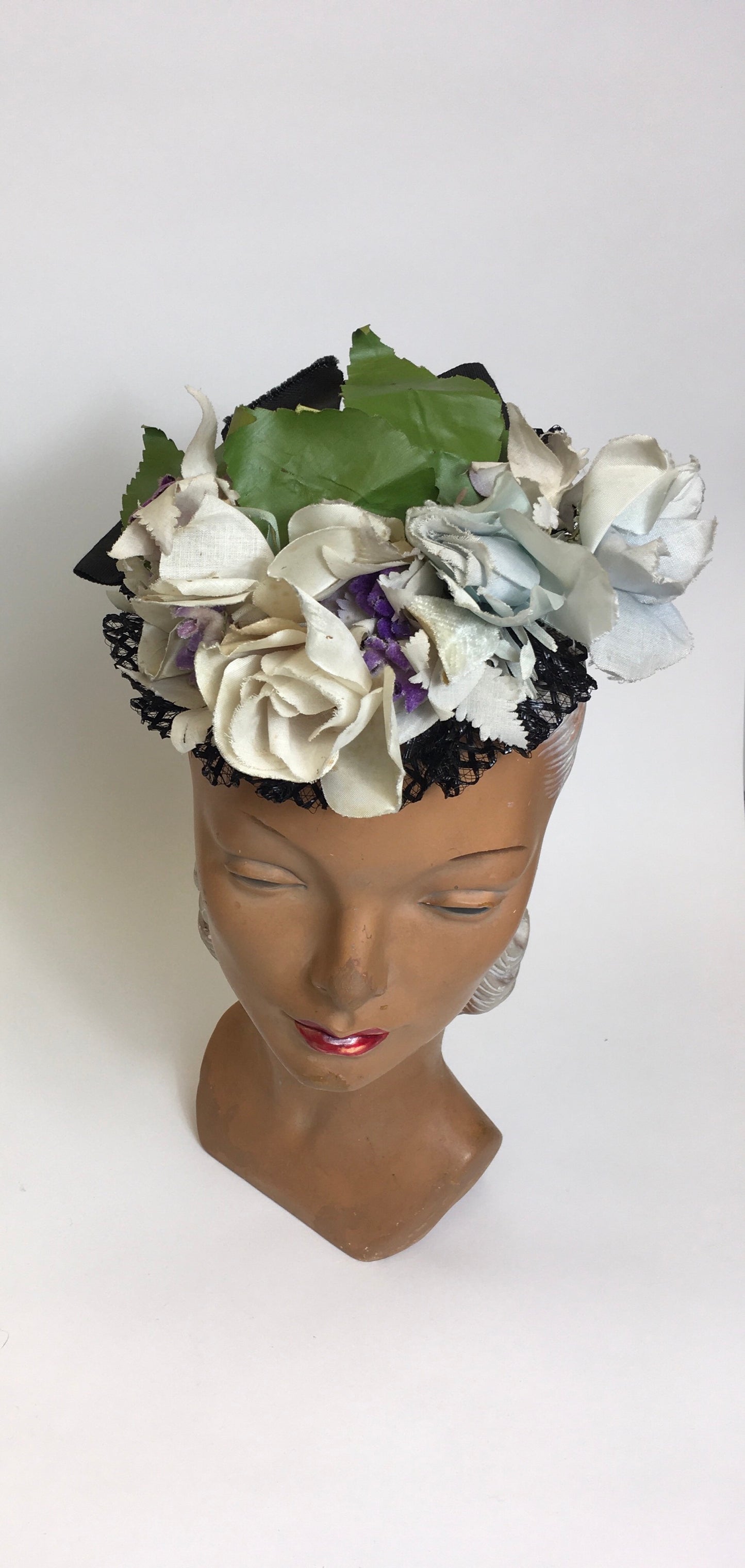 Original 1940’s Floral Tilt Hat - Beautiful Floral Adornments in Powder Blues , Purples & Ivory
