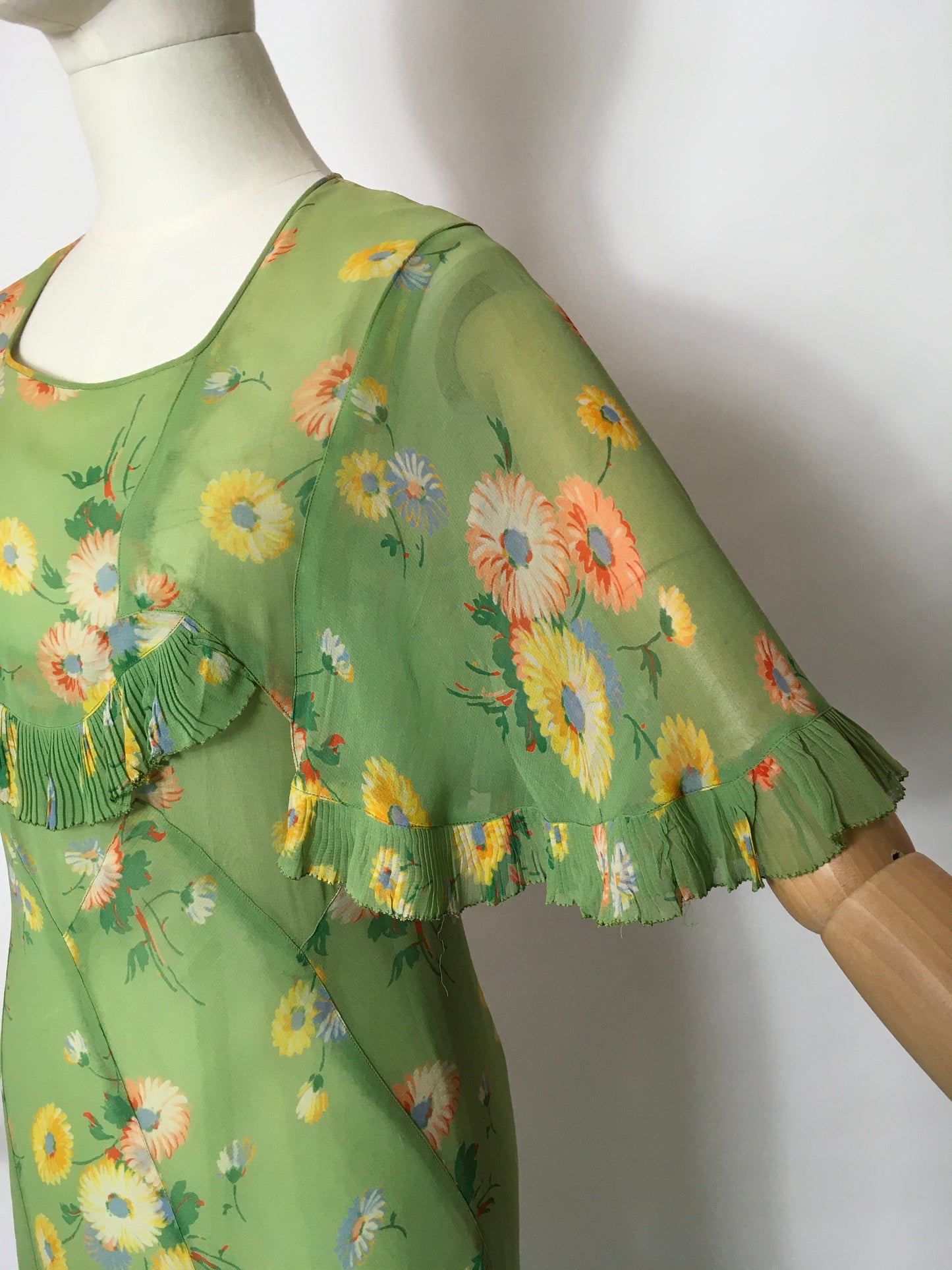 Original 1930’s Bias Cut Gown In An Exquisite Colour Pallet of Deco Green, soft blues, oranges and yellows - A Festival Of Vintage Fashion Show Exclusive