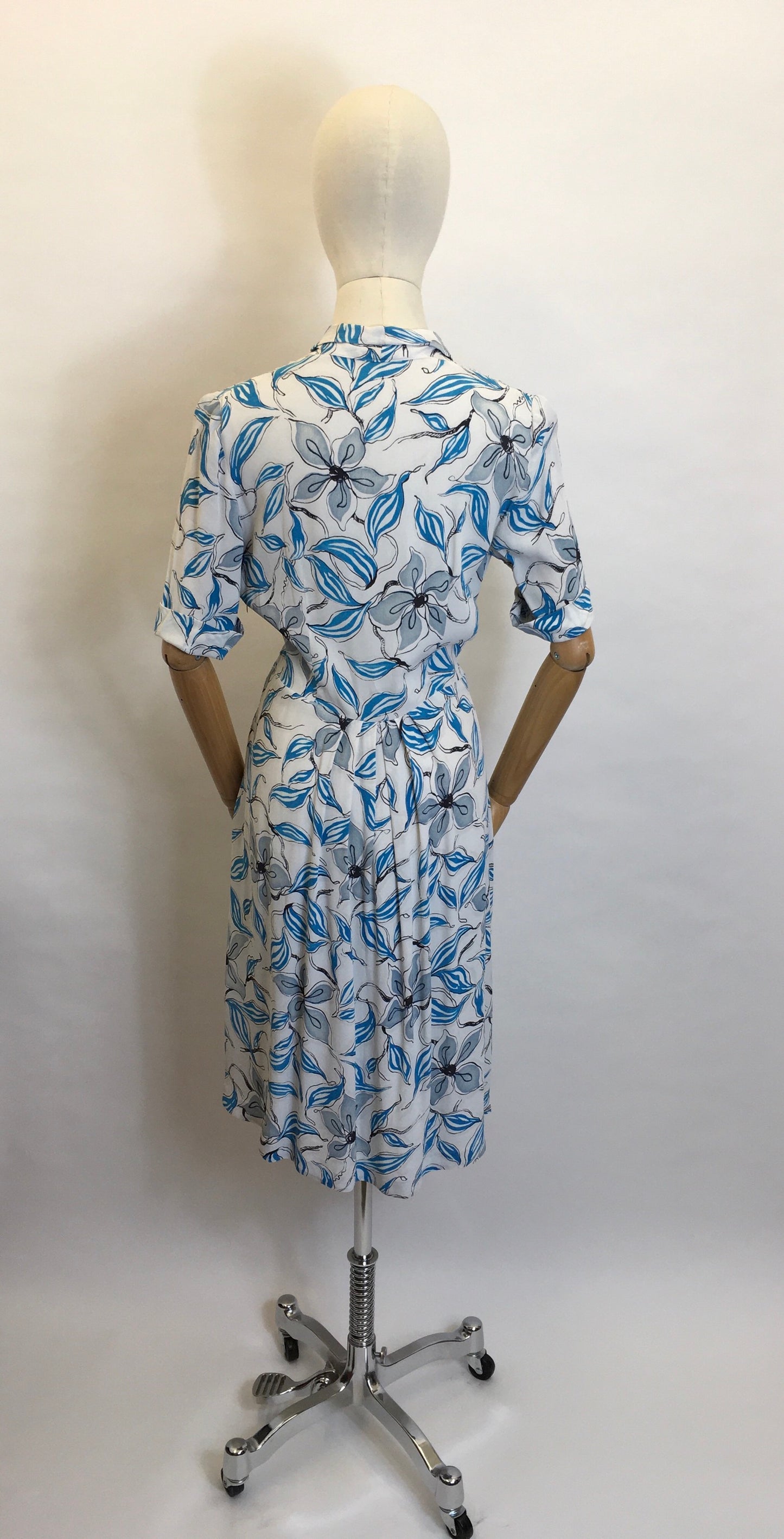 Original 1940’s Crepe Day Dress - Lovely Stencilled Floral in Blues, Blacks and Slate Greys