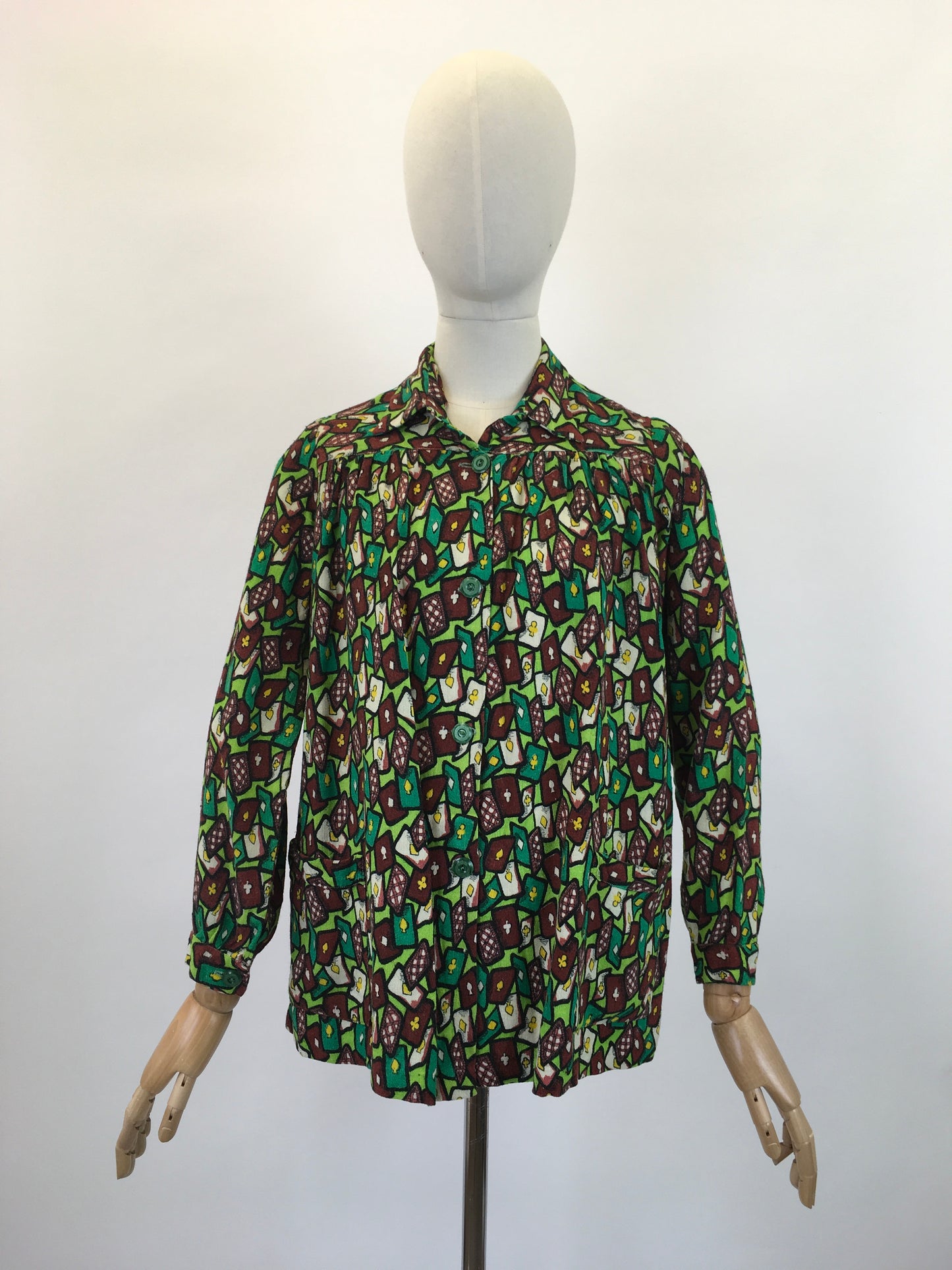 Original 1940's Fabulous Novelty Print ' Playing Cards' Smock - In Chartreuse, Emerald Green, Yellow & Brown
