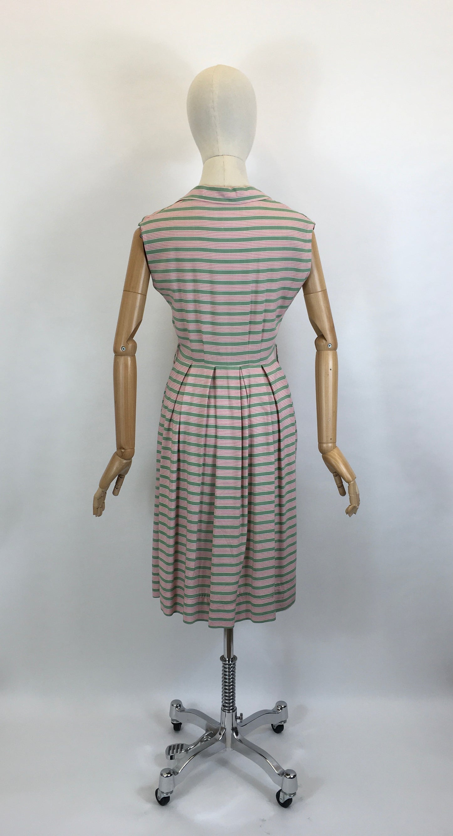 Original Late 1940’s Early 1950’s Cute Cotton Day Dress - In A Soft Cotton Stripe in Sage Green & Powdered Rose