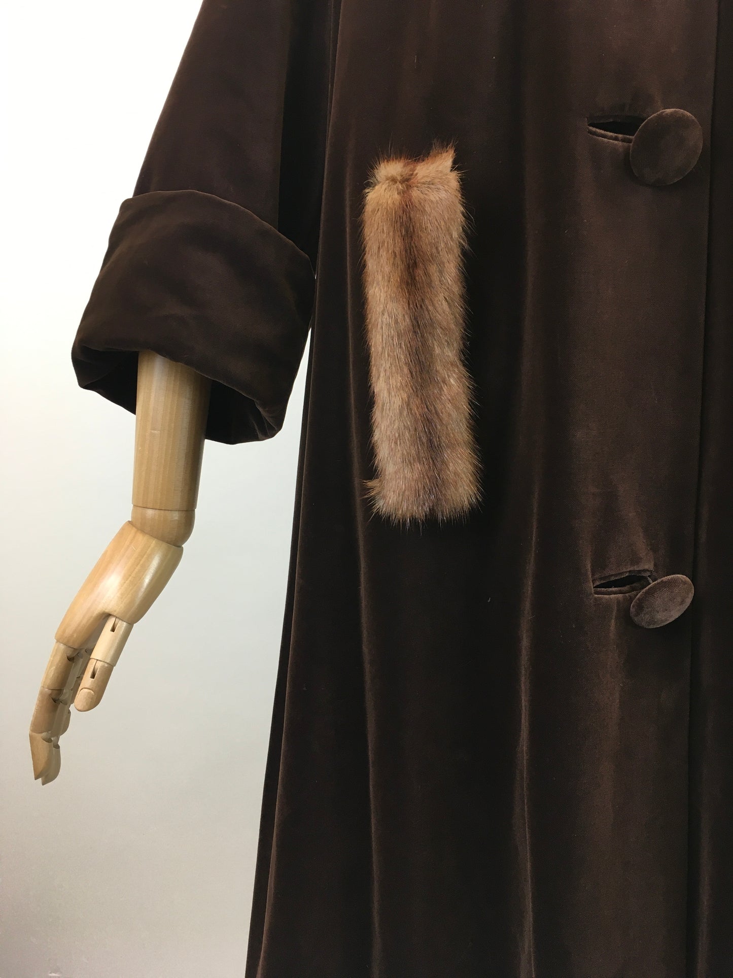 Original 1950's Stunning Velvet Swing Coat - In Chocolate Brown With Fur Trim