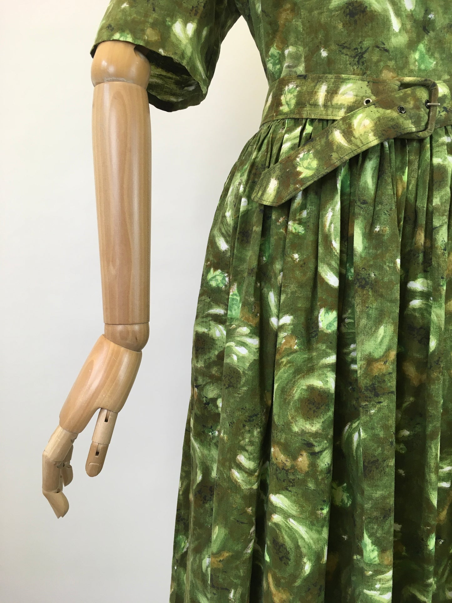 Original 1950's Darling Cotton Day Dress - In Fresh Greens & Chocolate Browns