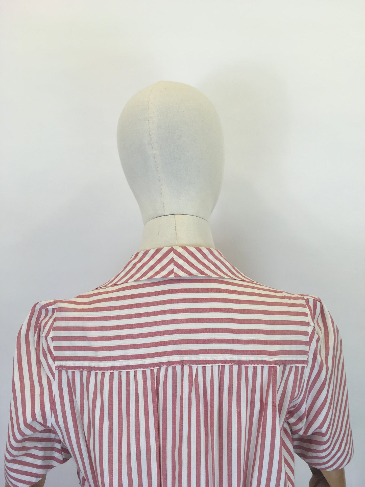 Original 1940s Darling Cotton Day Dress - In A Beautiful Pale Cranberry & White Stripe
