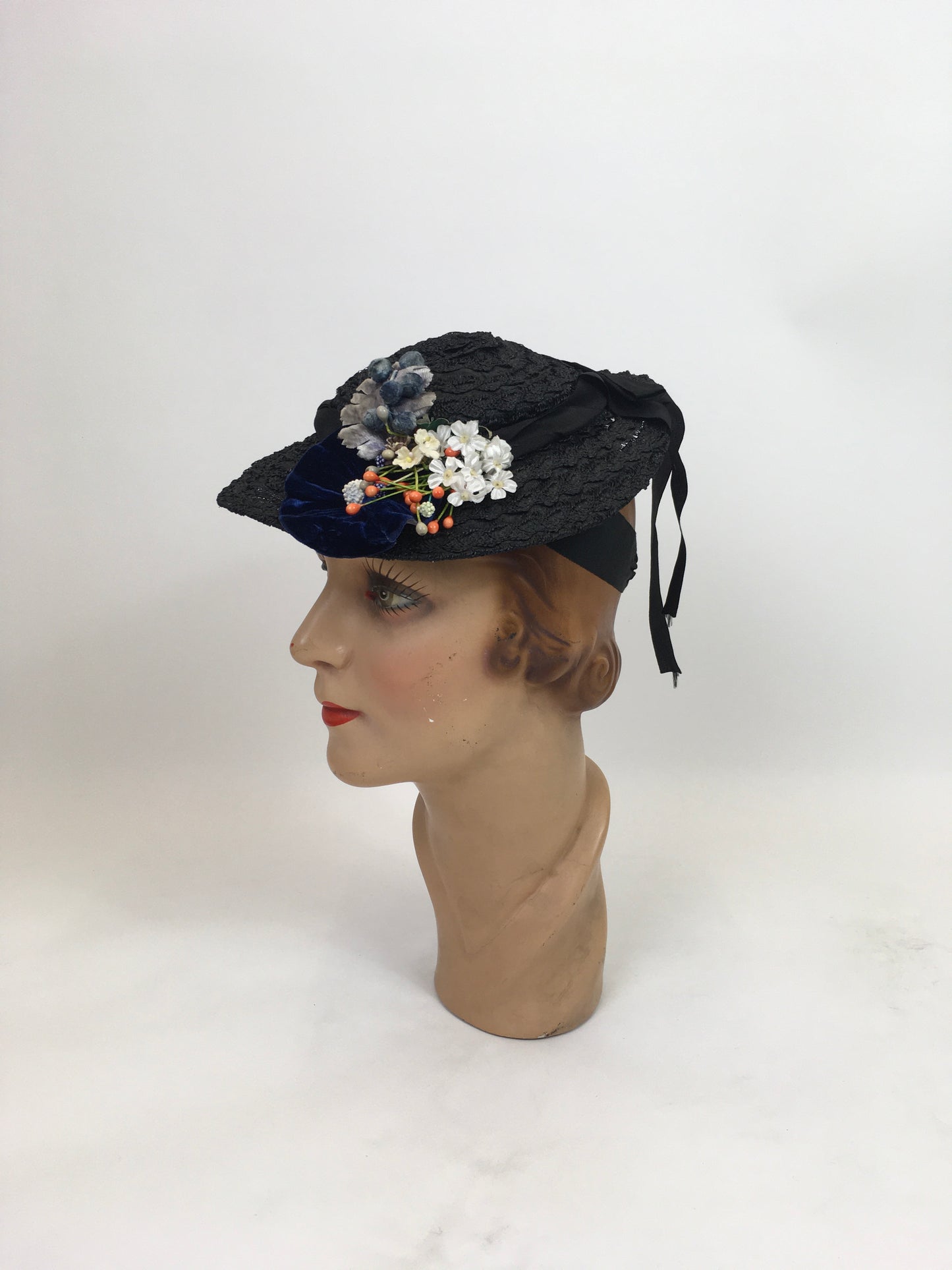 Original 1930's Fabulous Tilt Hat - In Black Straw with Silk Velvet/ Silk and Floral Millinery Adornments